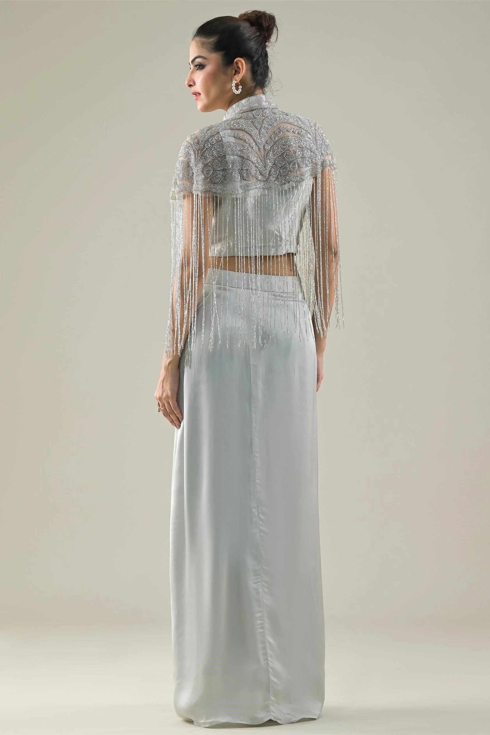 Pastel Grey Embellished Satin Silk Skirt Set - Image 5
