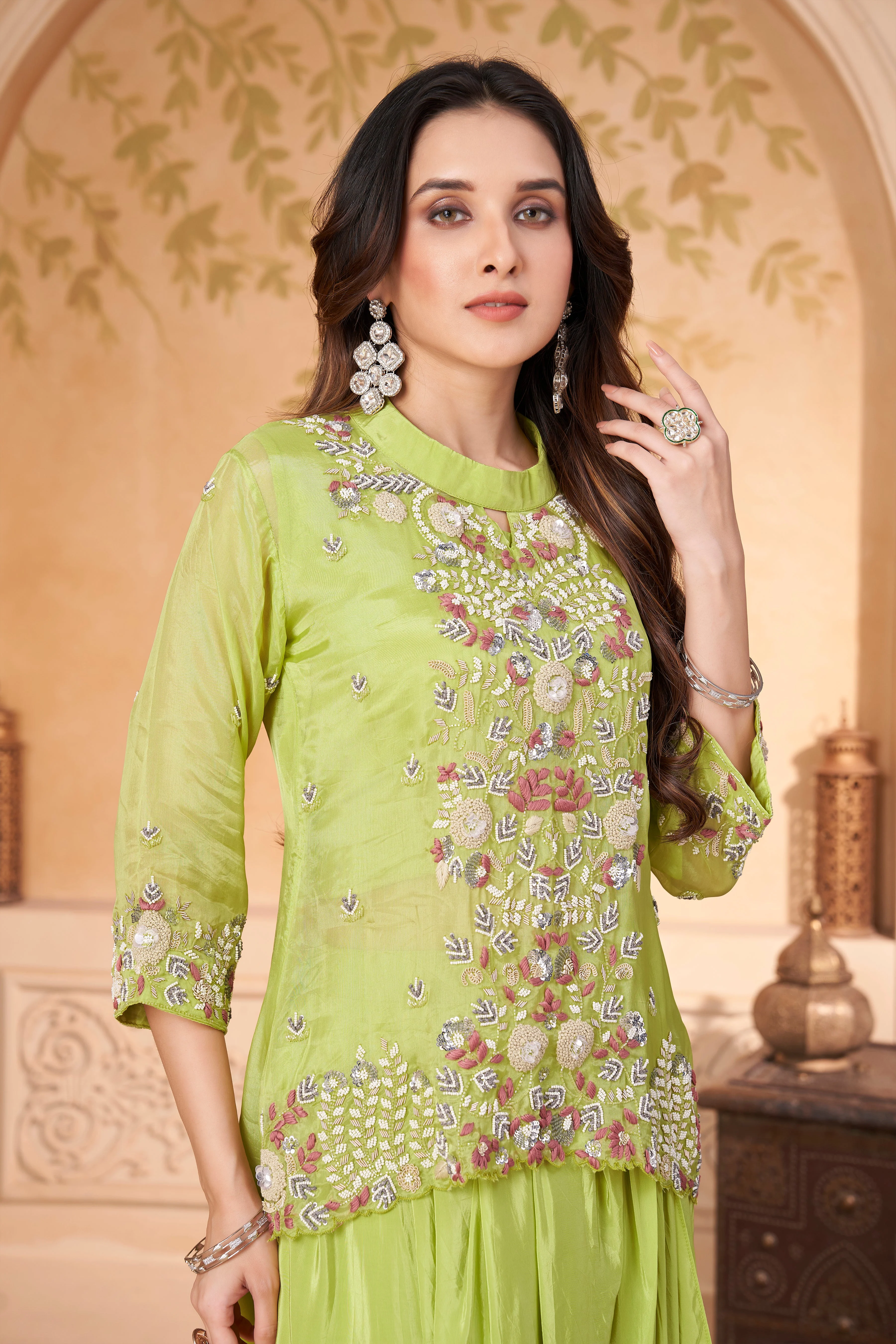 Zesty Green Embellished Crepe Silk Skirt Set - Image 2