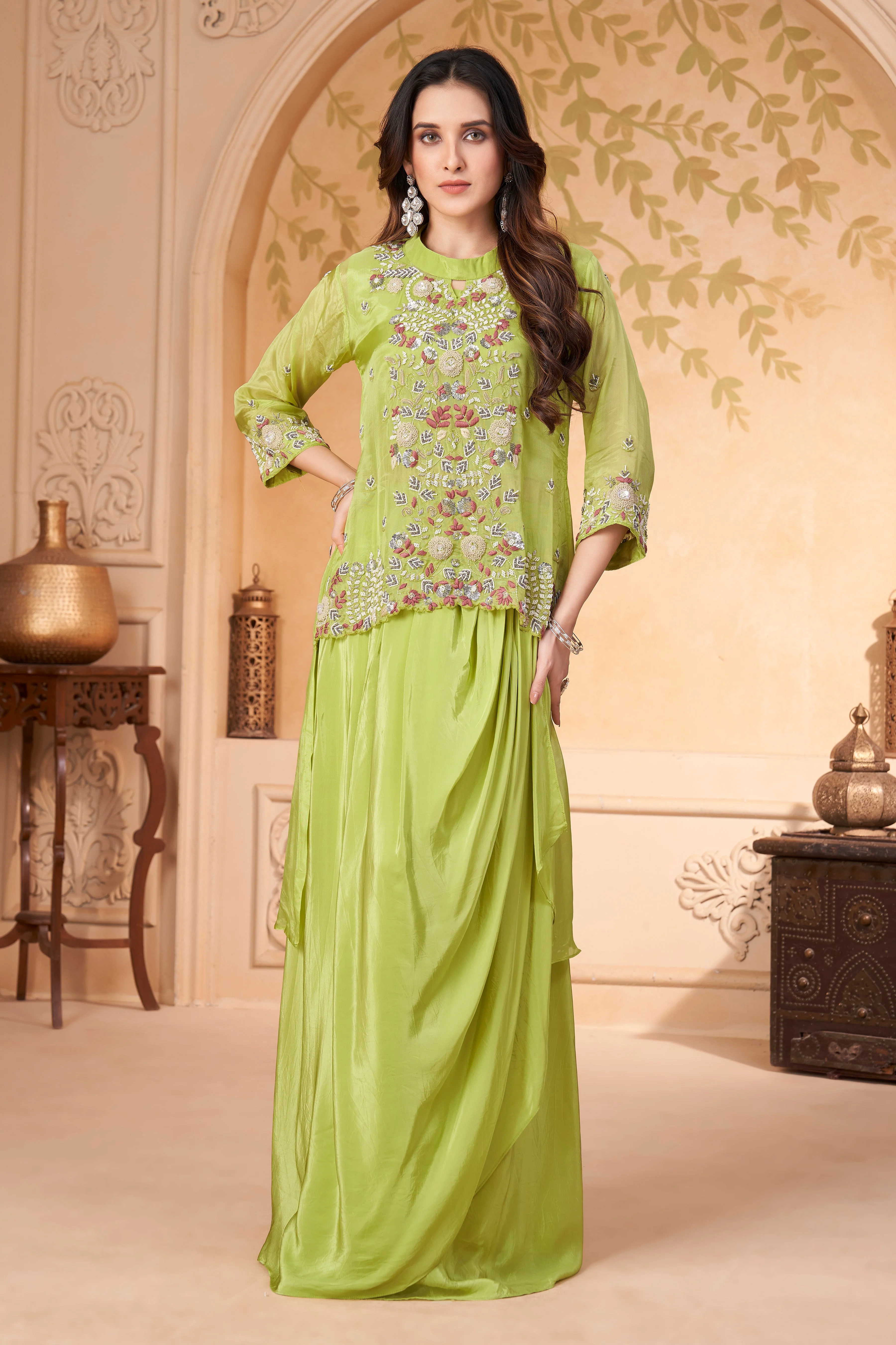 Zesty Green Embellished Crepe Silk Skirt Set - Image 3