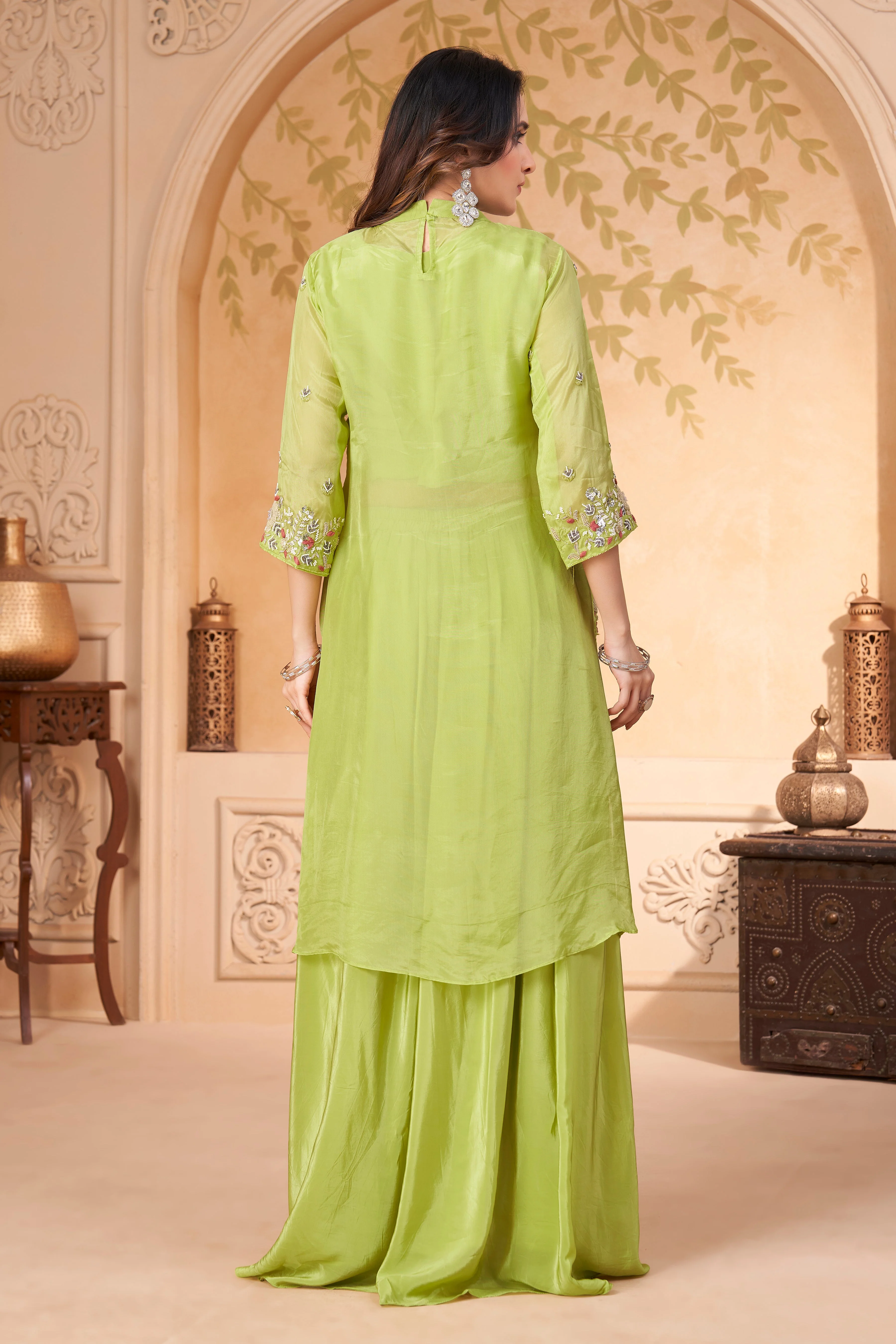 Zesty Green Embellished Crepe Silk Skirt Set - Image 4