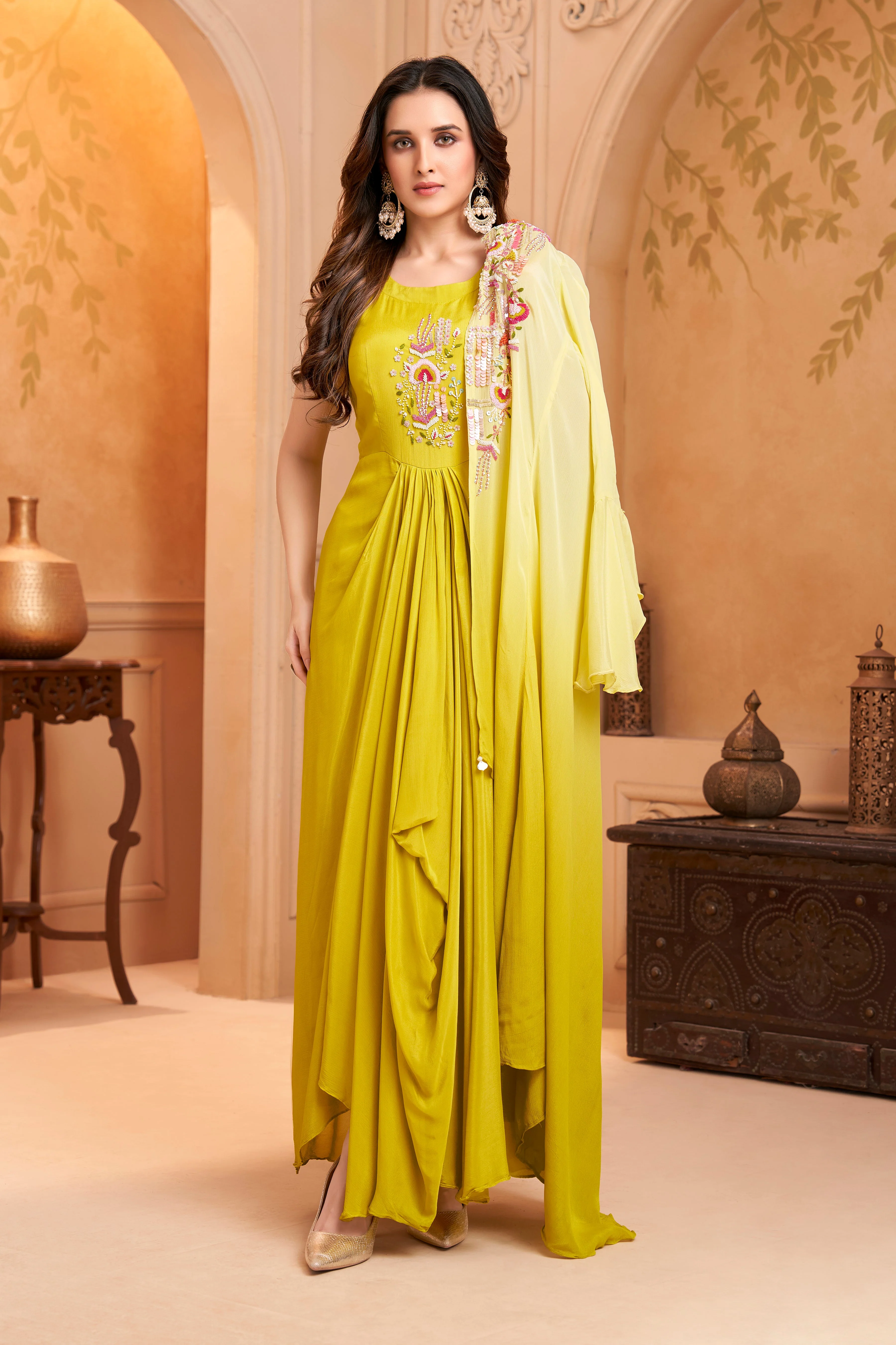Lime Yellow Ombre Embellished Chinon Silk Dress - Image 3