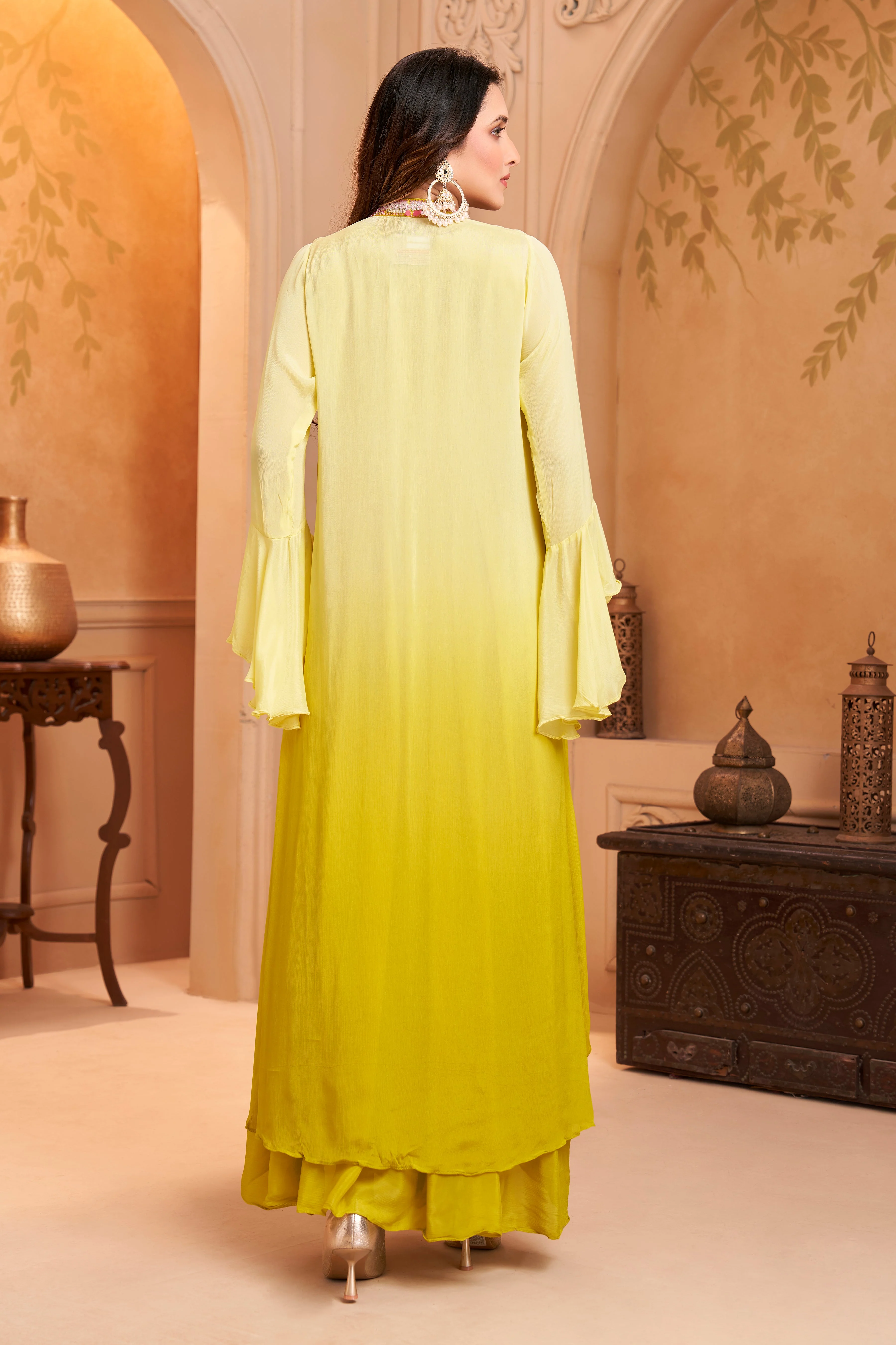 Lime Yellow Ombre Embellished Chinon Silk Dress - Image 4