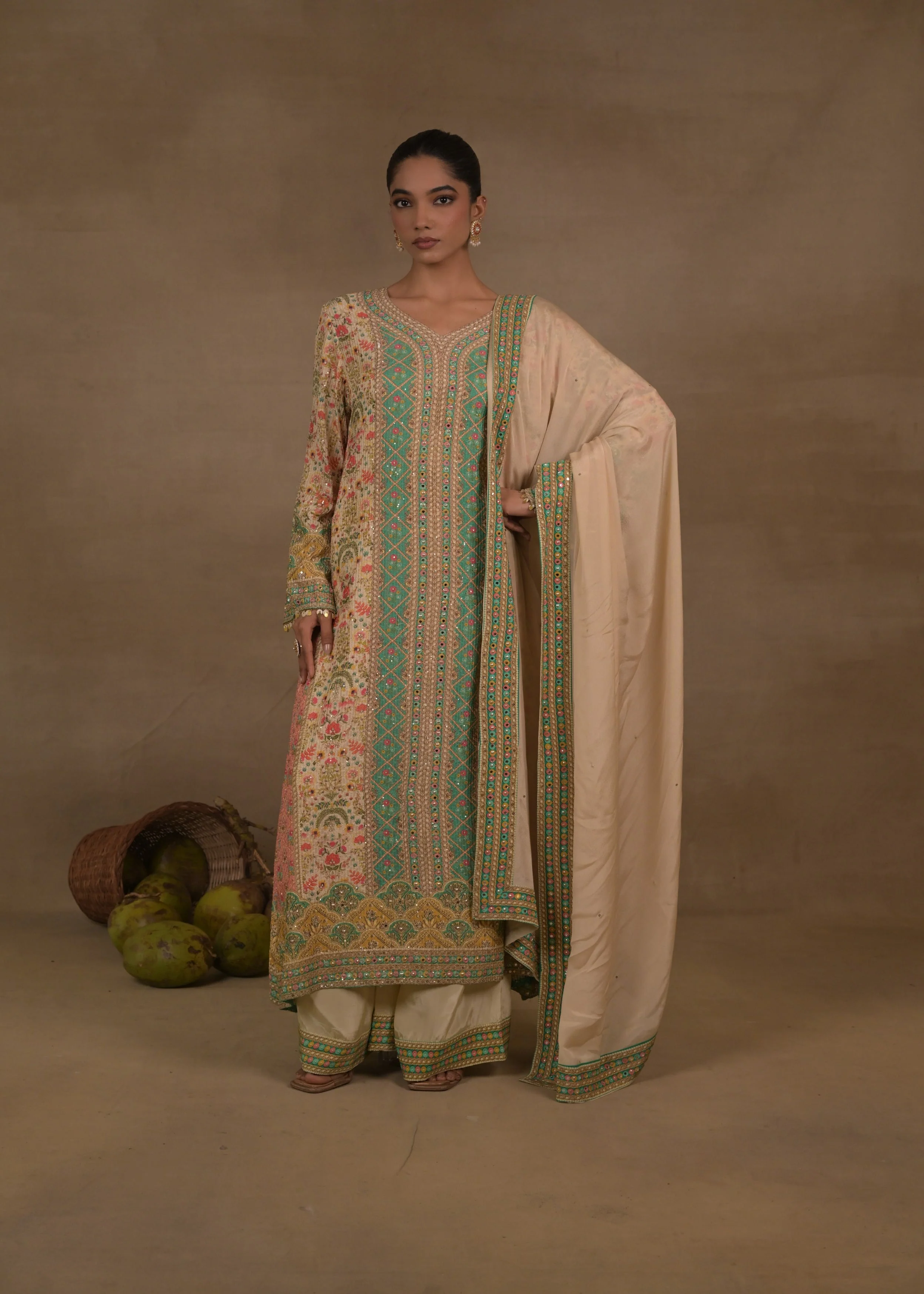 Pastel Mint Embellished Crepe Silk Pant Set
