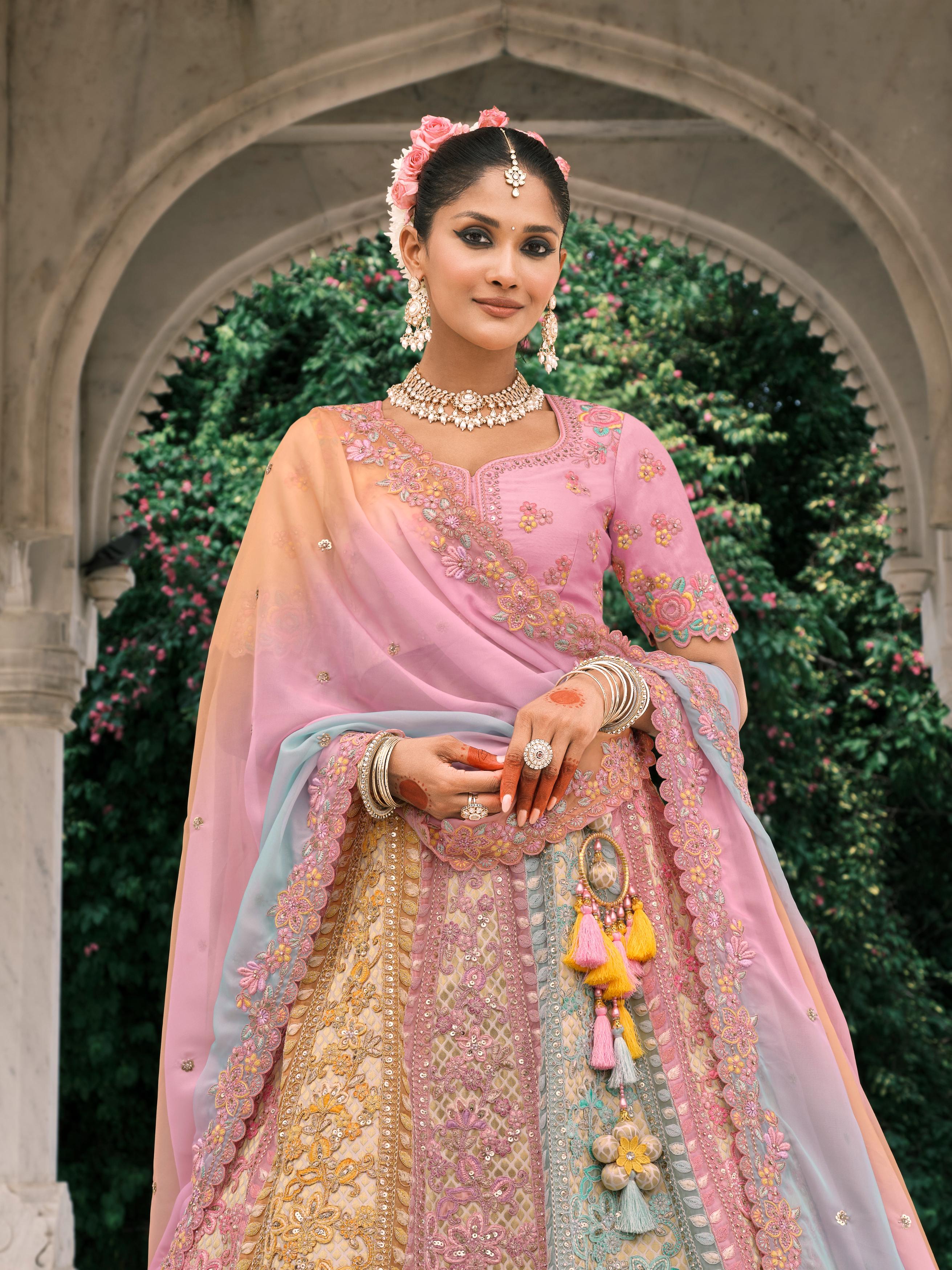 Pastel Multicolour Embellished Premium Shimmer Tissue Silk Lehenga Set - Image 2