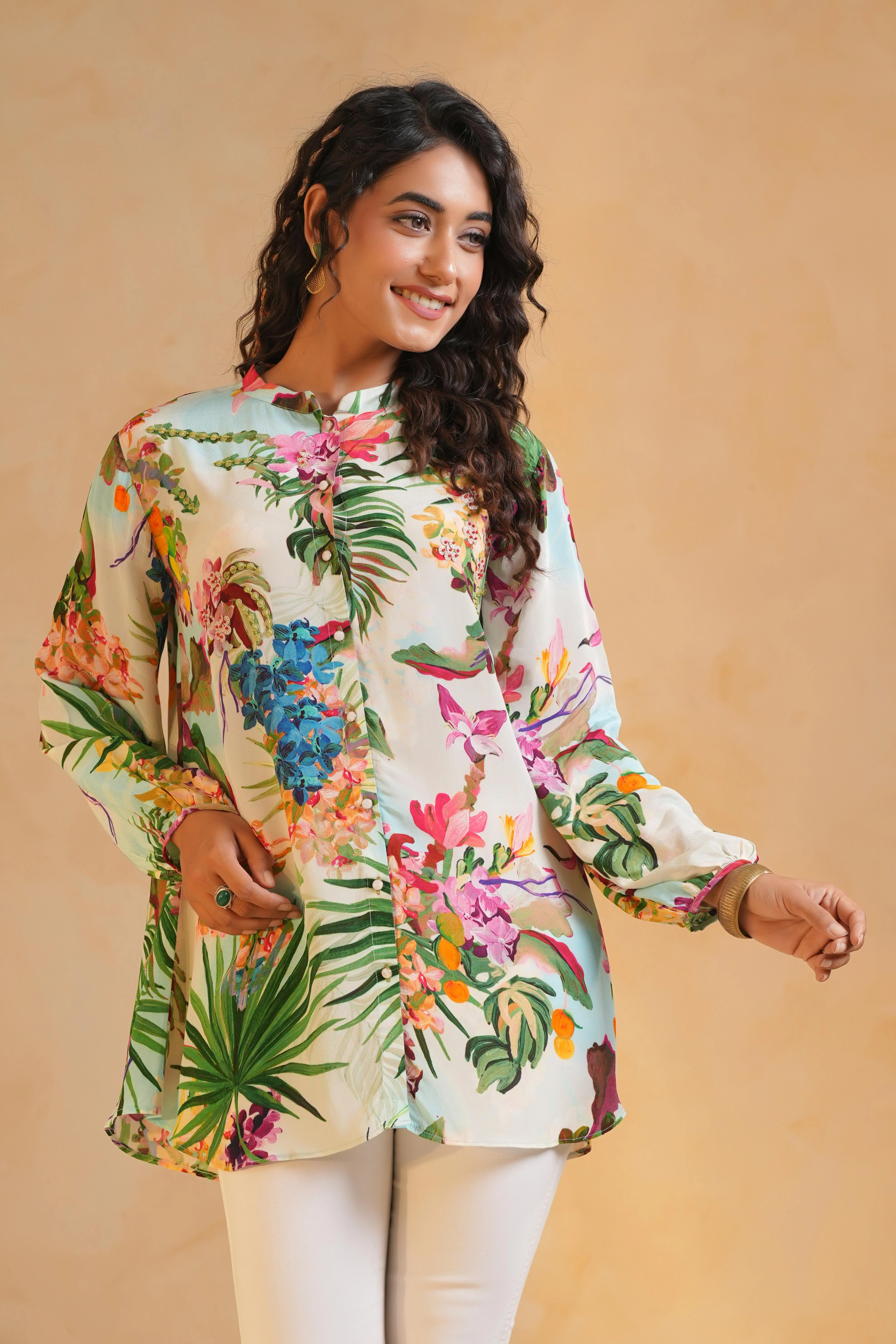 Light Cream Printed Viscose Crepe Top - Image 2