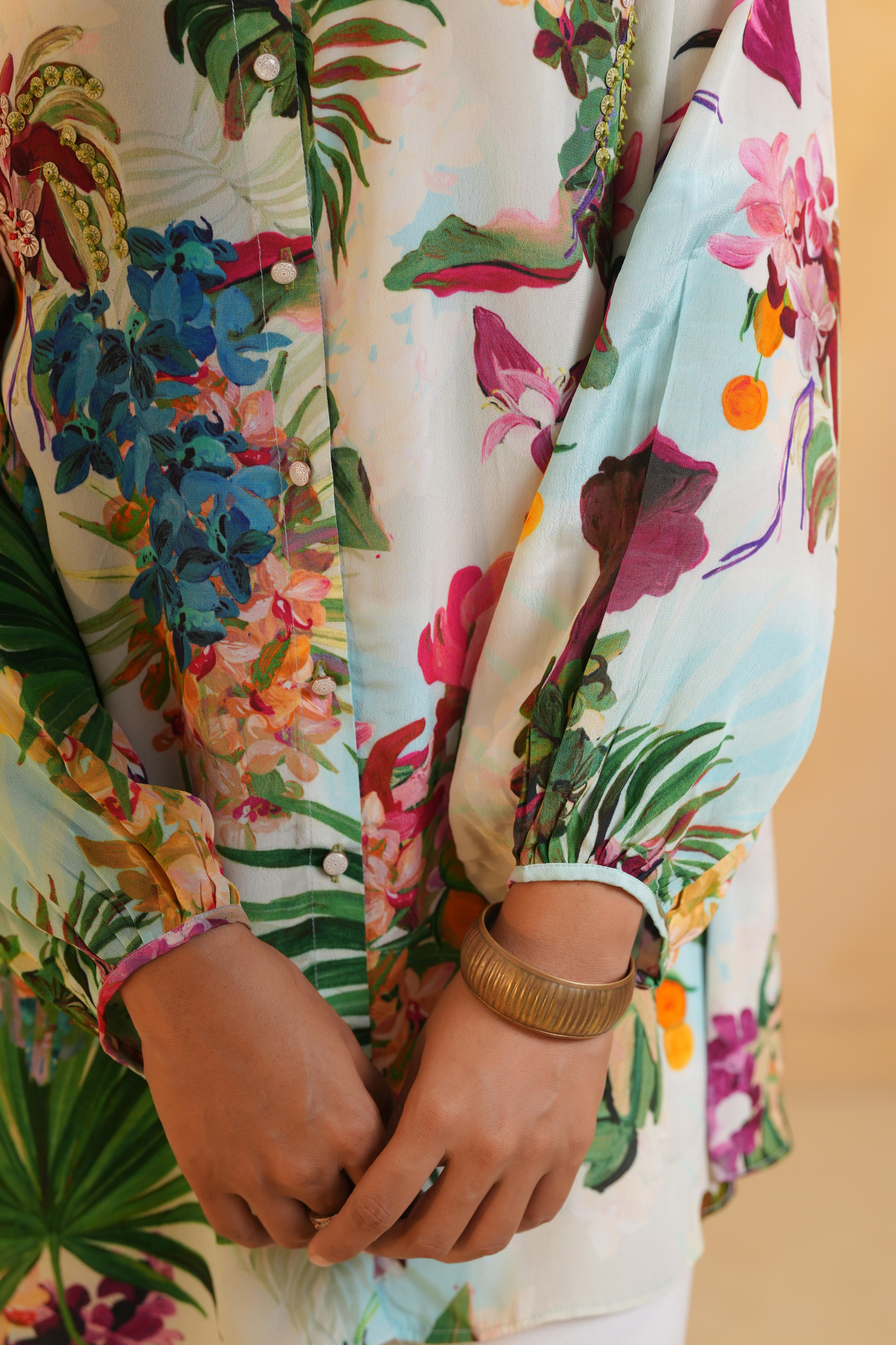 Light Cream Printed Viscose Crepe Top - Image 3