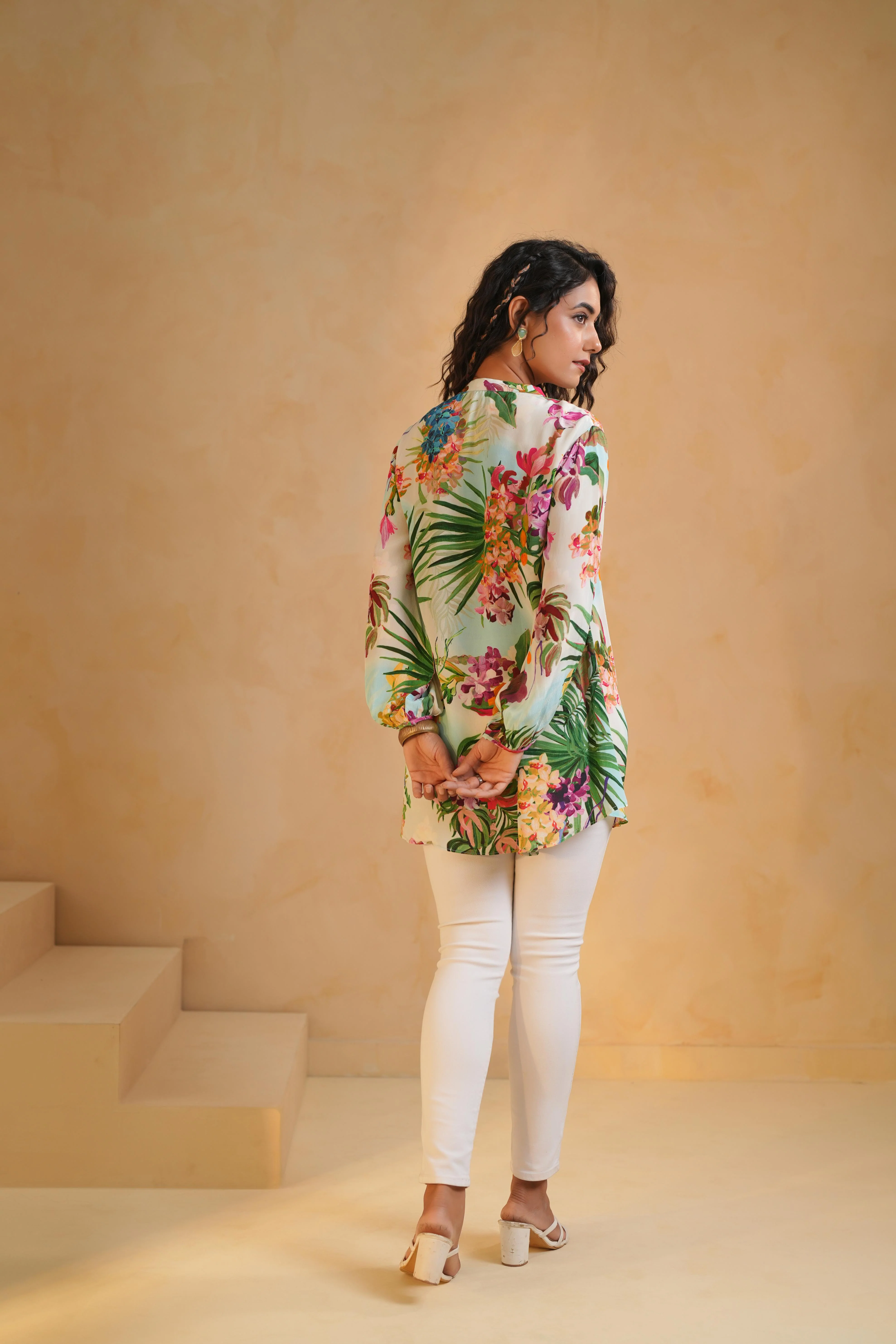 Light Cream Printed Viscose Crepe Top - Image 4