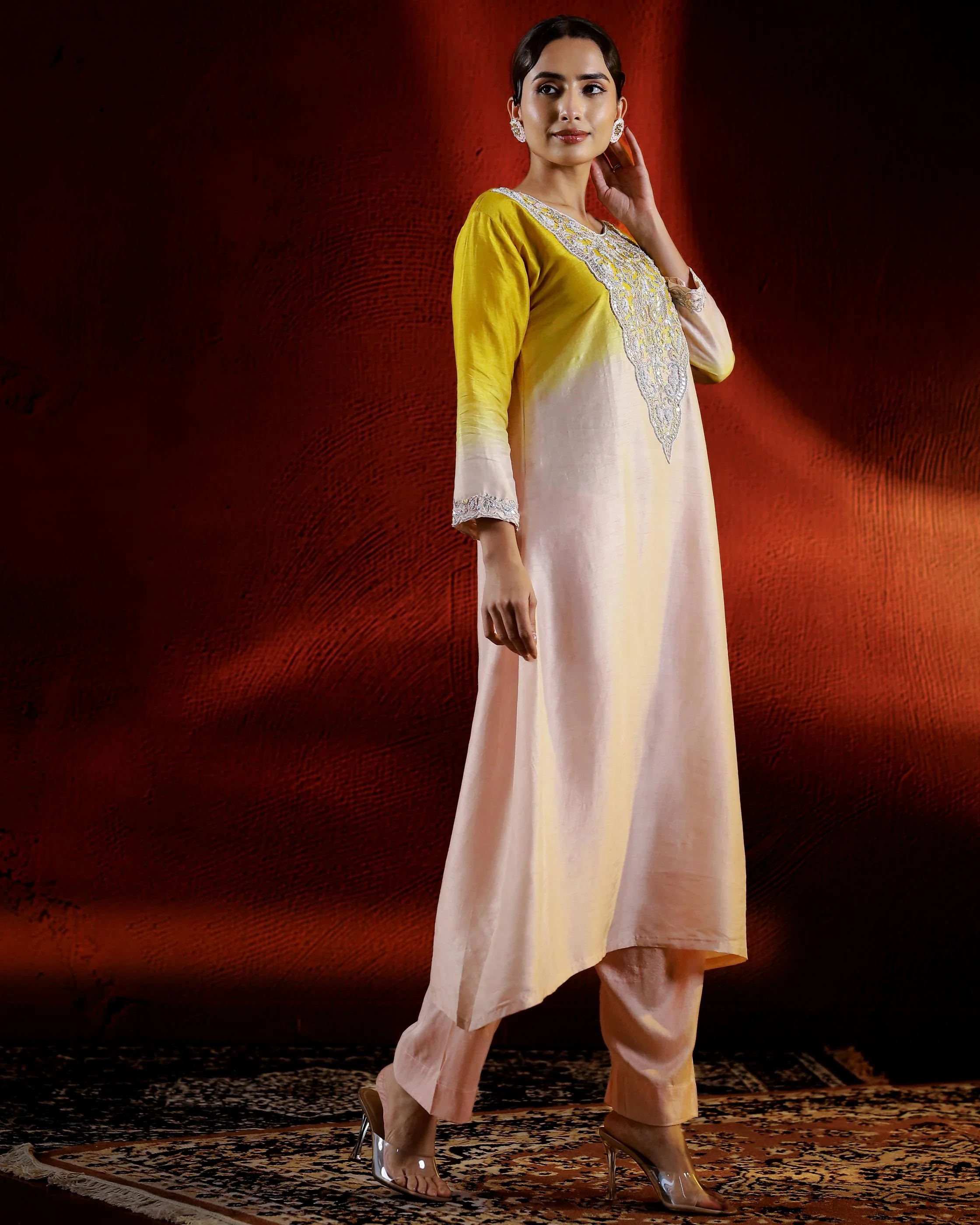 Pastel Peach Embellished Raw Silk Kurta Set - Image 3