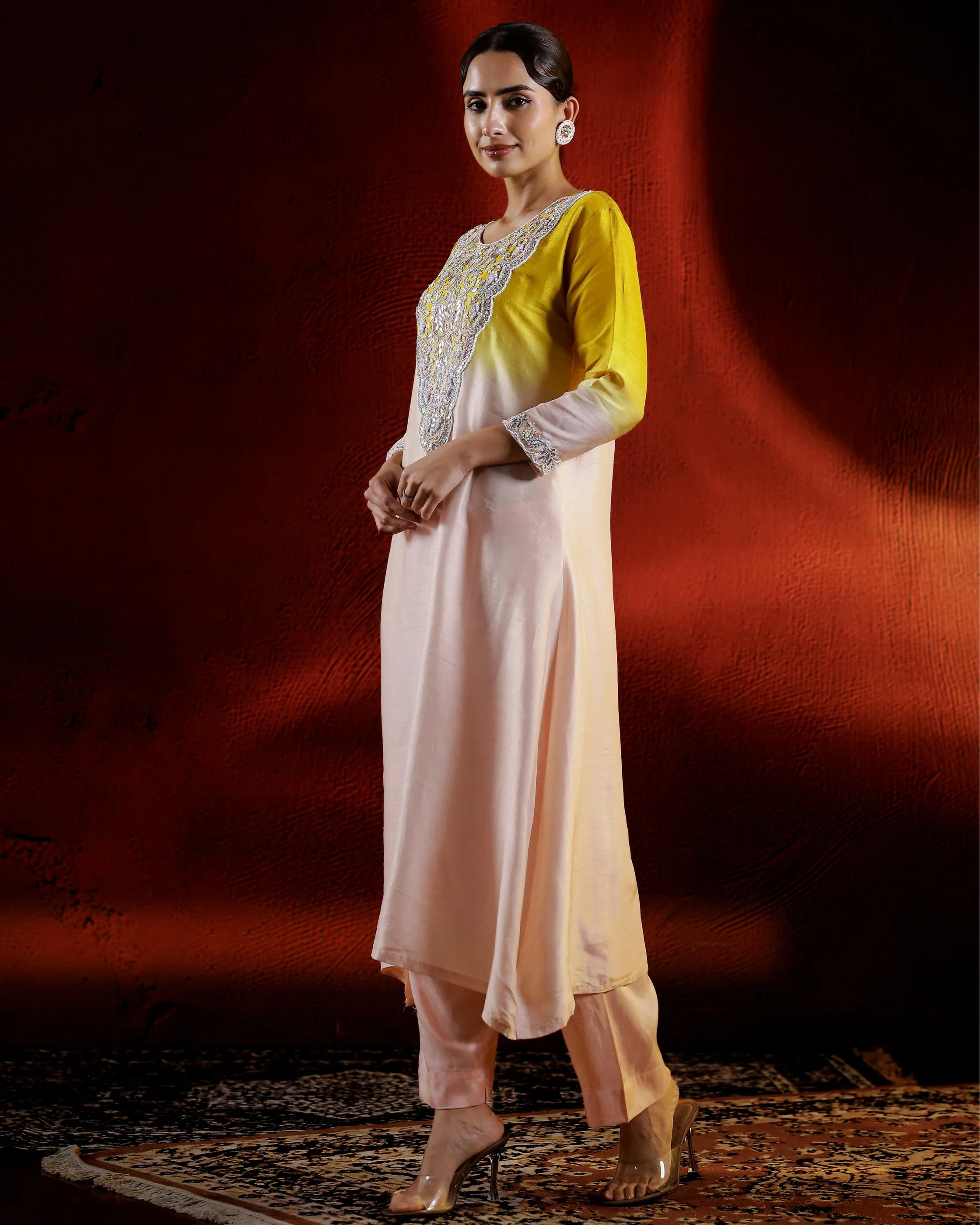 Pastel Peach Embellished Raw Silk Kurta Set - Image 4