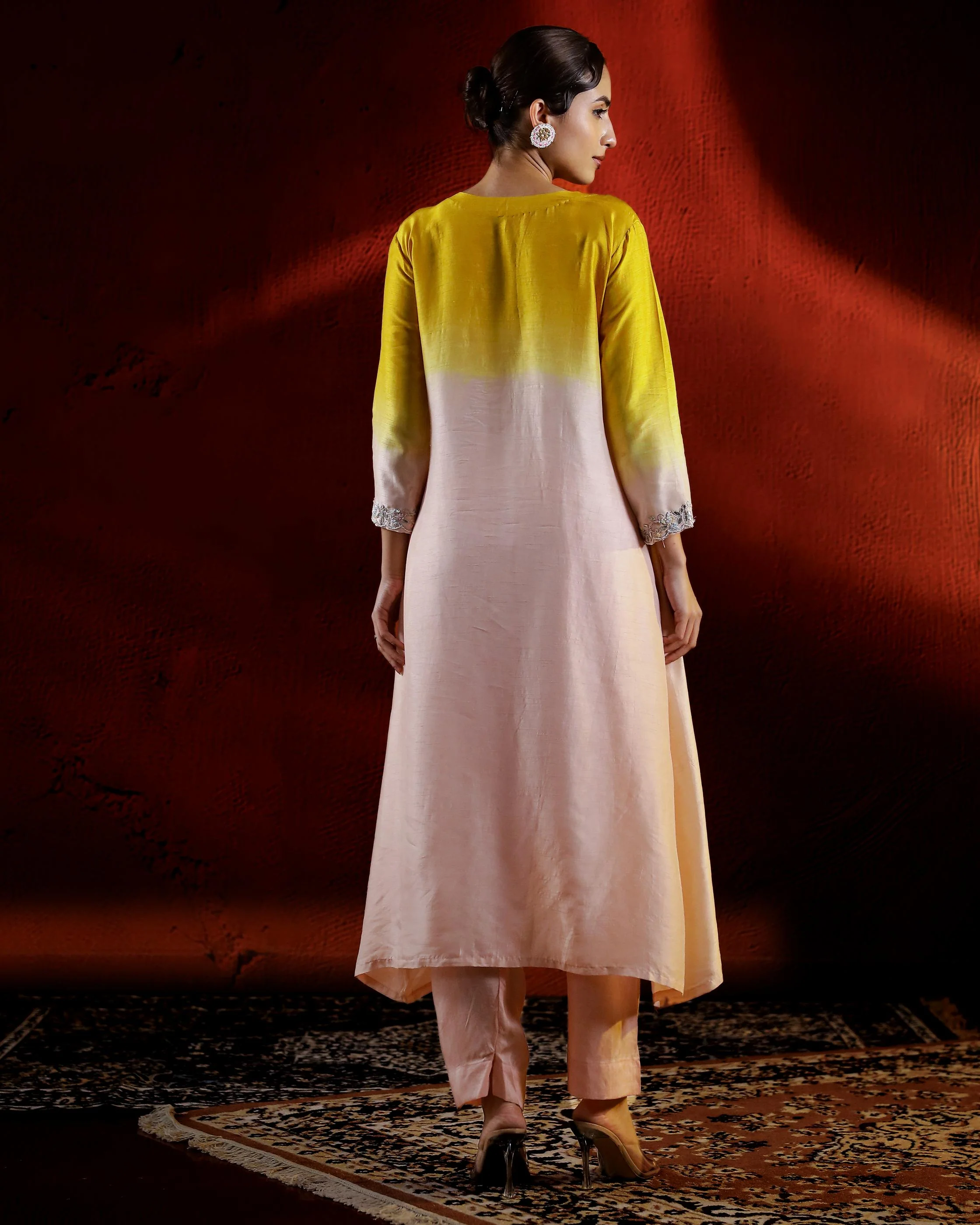 Pastel Peach Embellished Raw Silk Kurta Set - Image 5