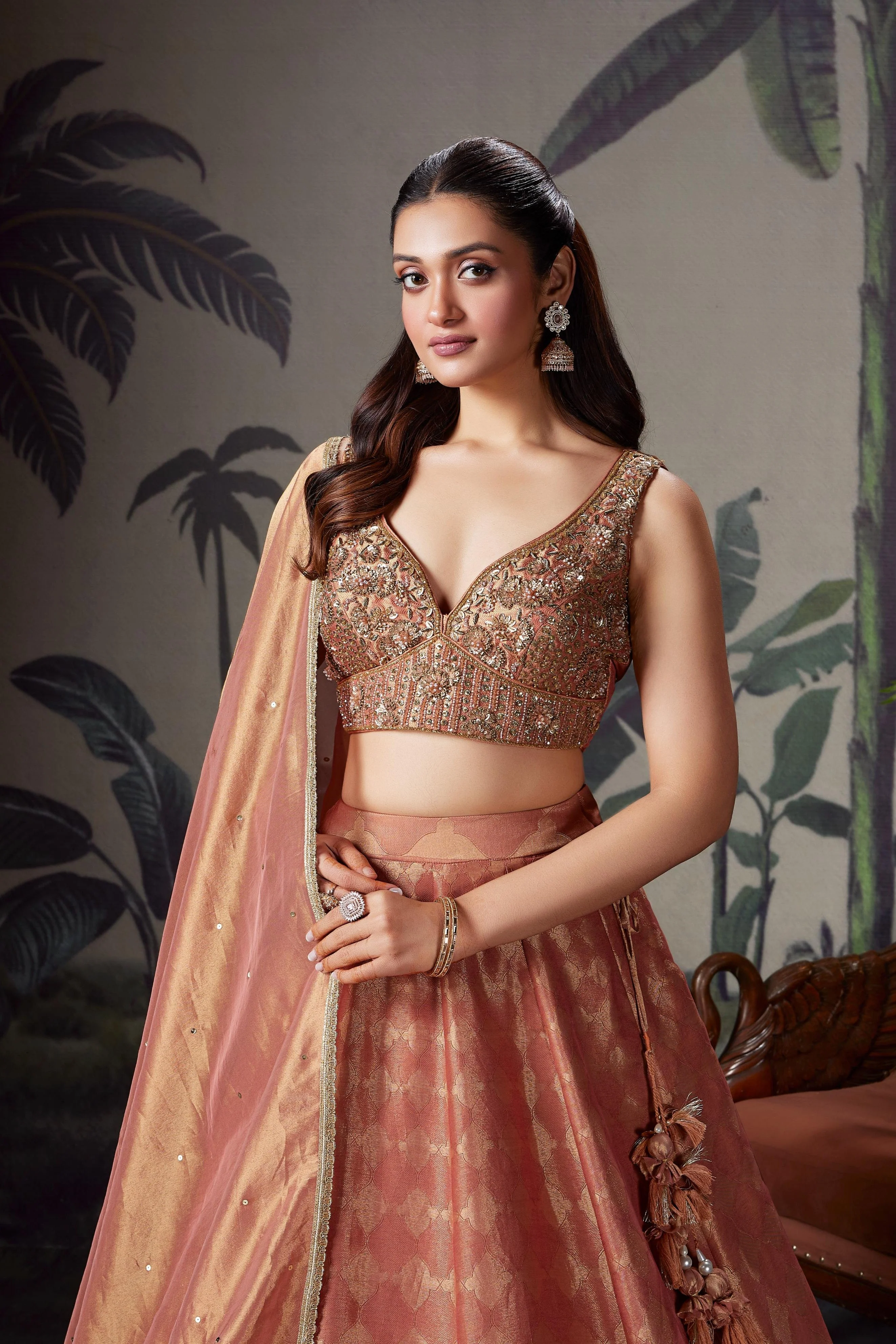 Pastel Peach Embellished Silk Lehenga Set - Image 2