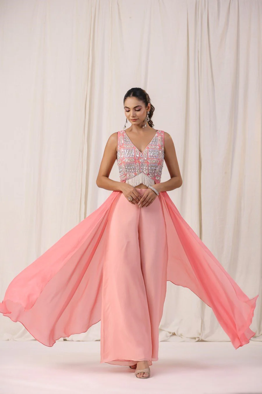 Pastel Peach Embellsihed Tunic with Palazzo - Image 3