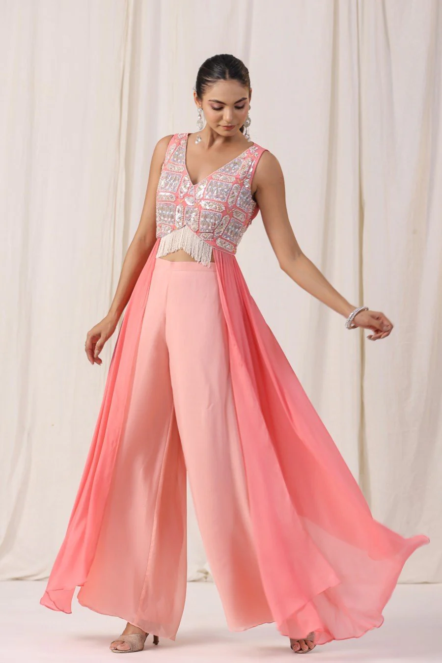 Pastel Peach Embellsihed Tunic with Palazzo - Image 5