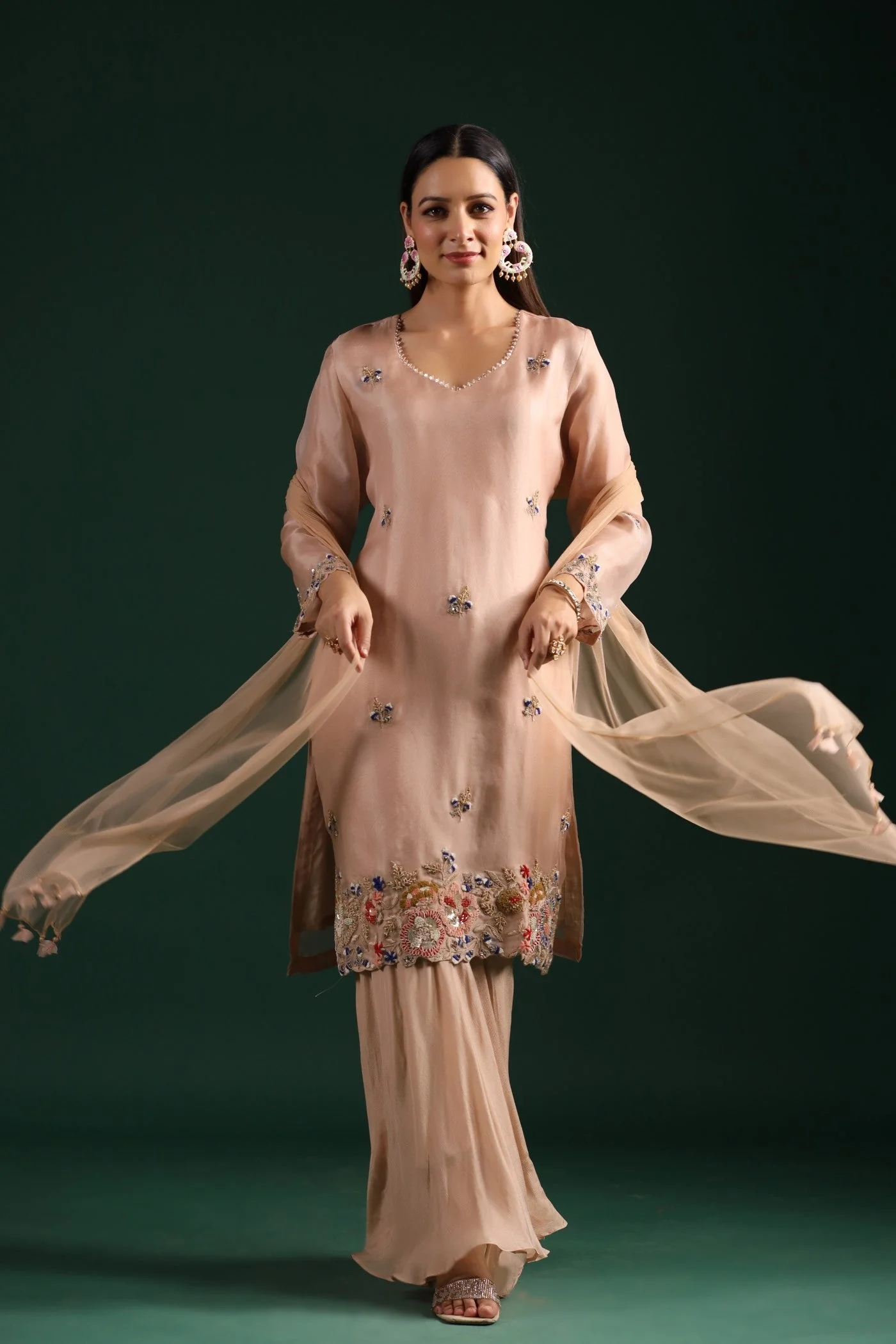 Pastel Peach Embroidered Kurta Palazzo Set - Image 3