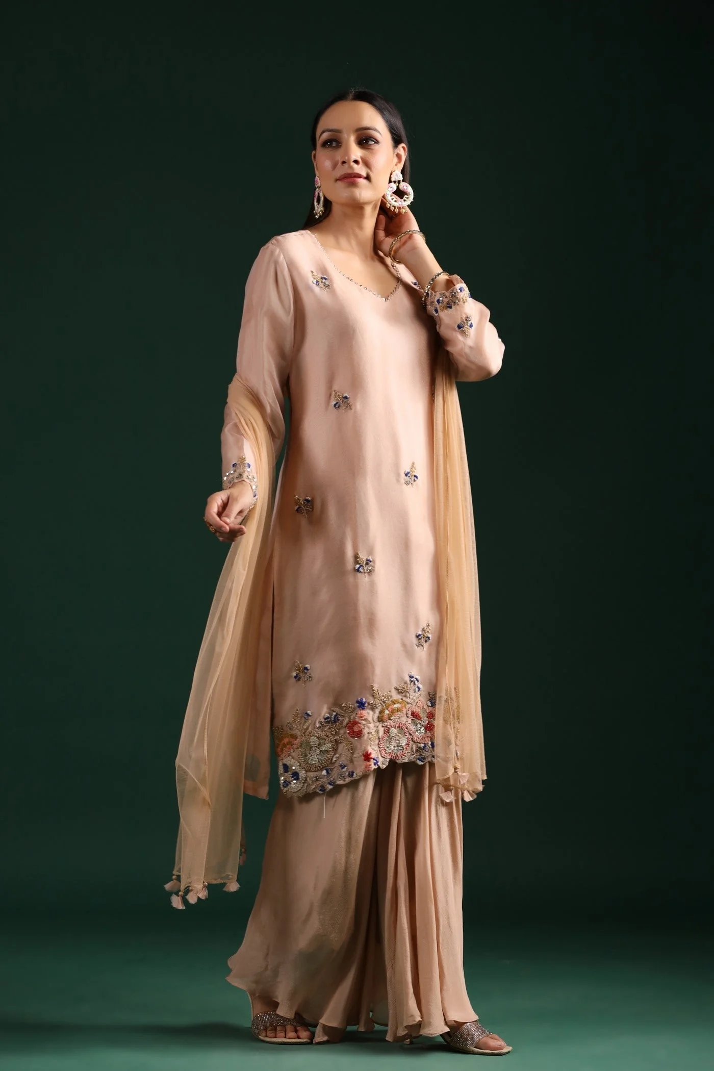 Pastel Peach Embroidered Kurta Palazzo Set - Image 4