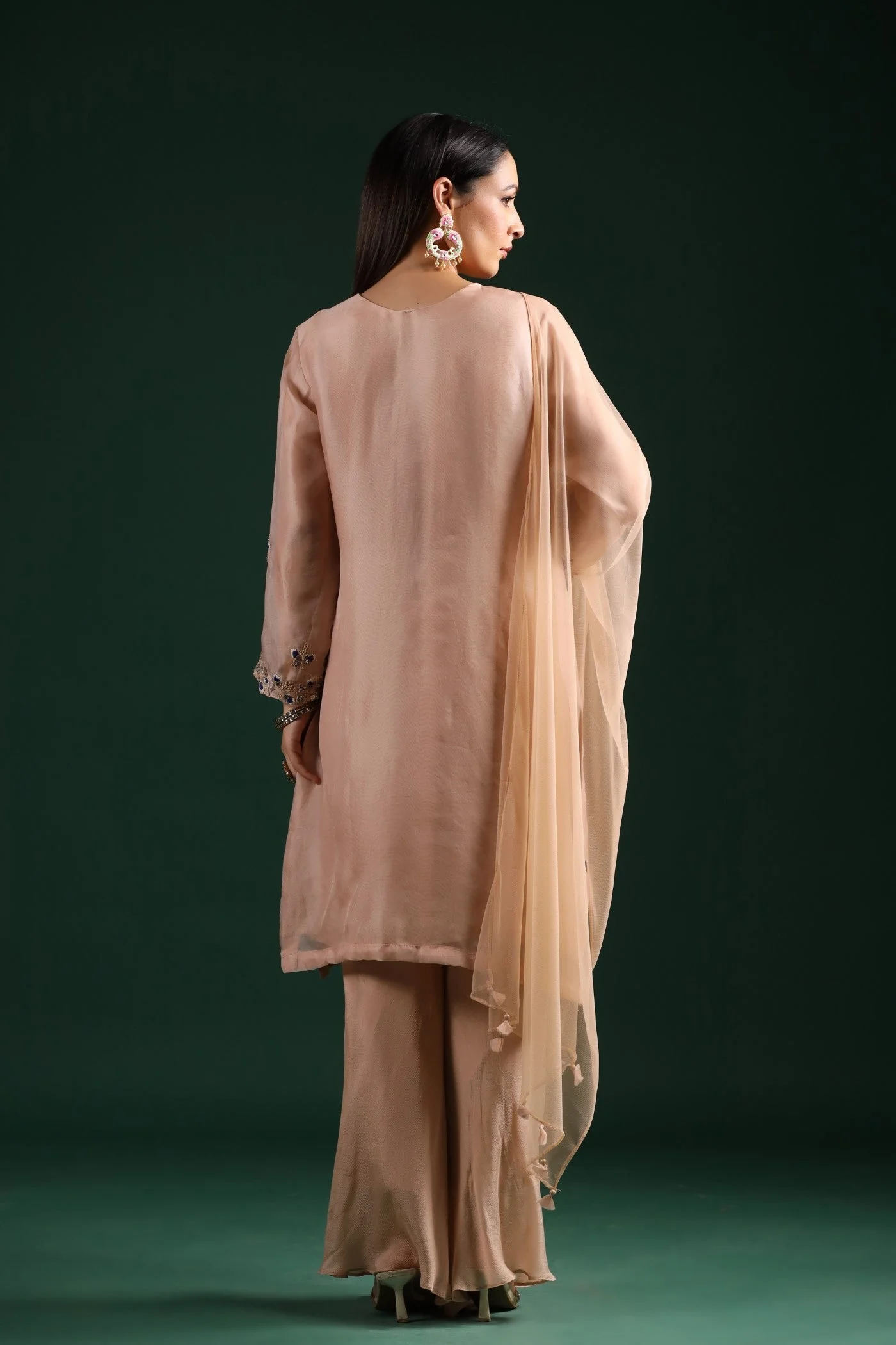 Pastel Peach Embroidered Kurta Palazzo Set - Image 5