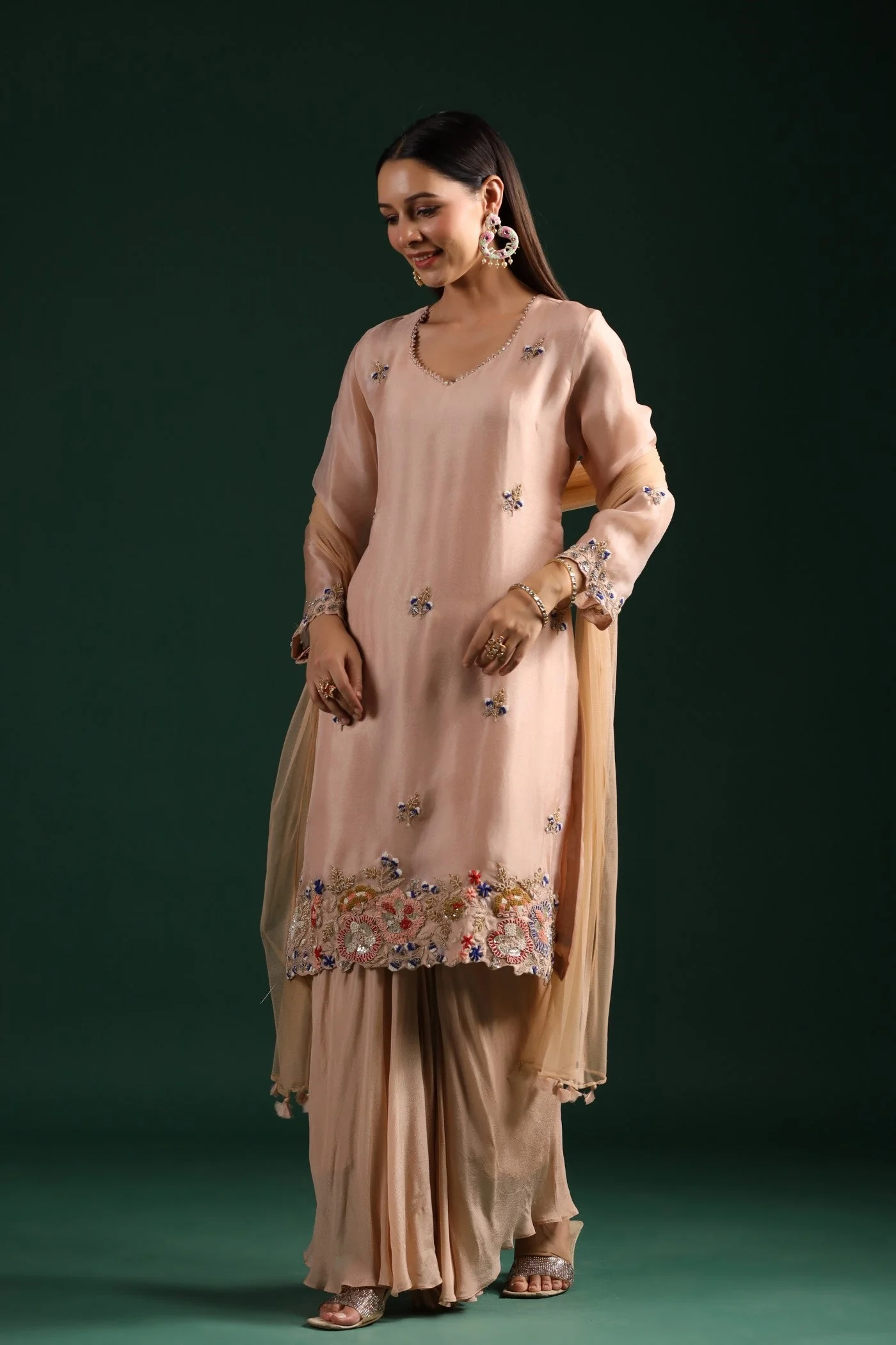 Pastel Peach Embroidered Kurta Palazzo Set - Image 6