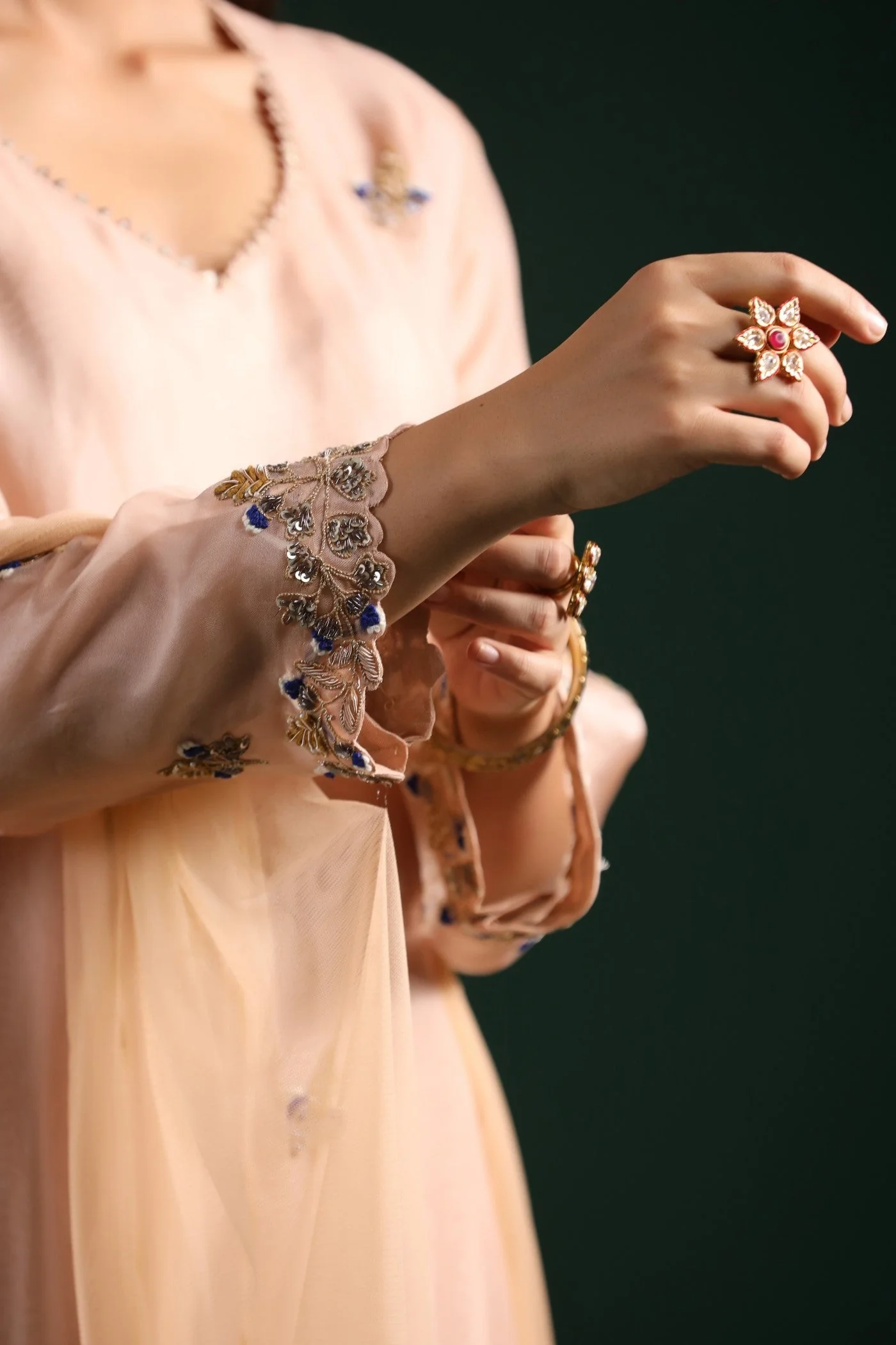 Pastel Peach Embroidered Kurta Palazzo Set - Image 7