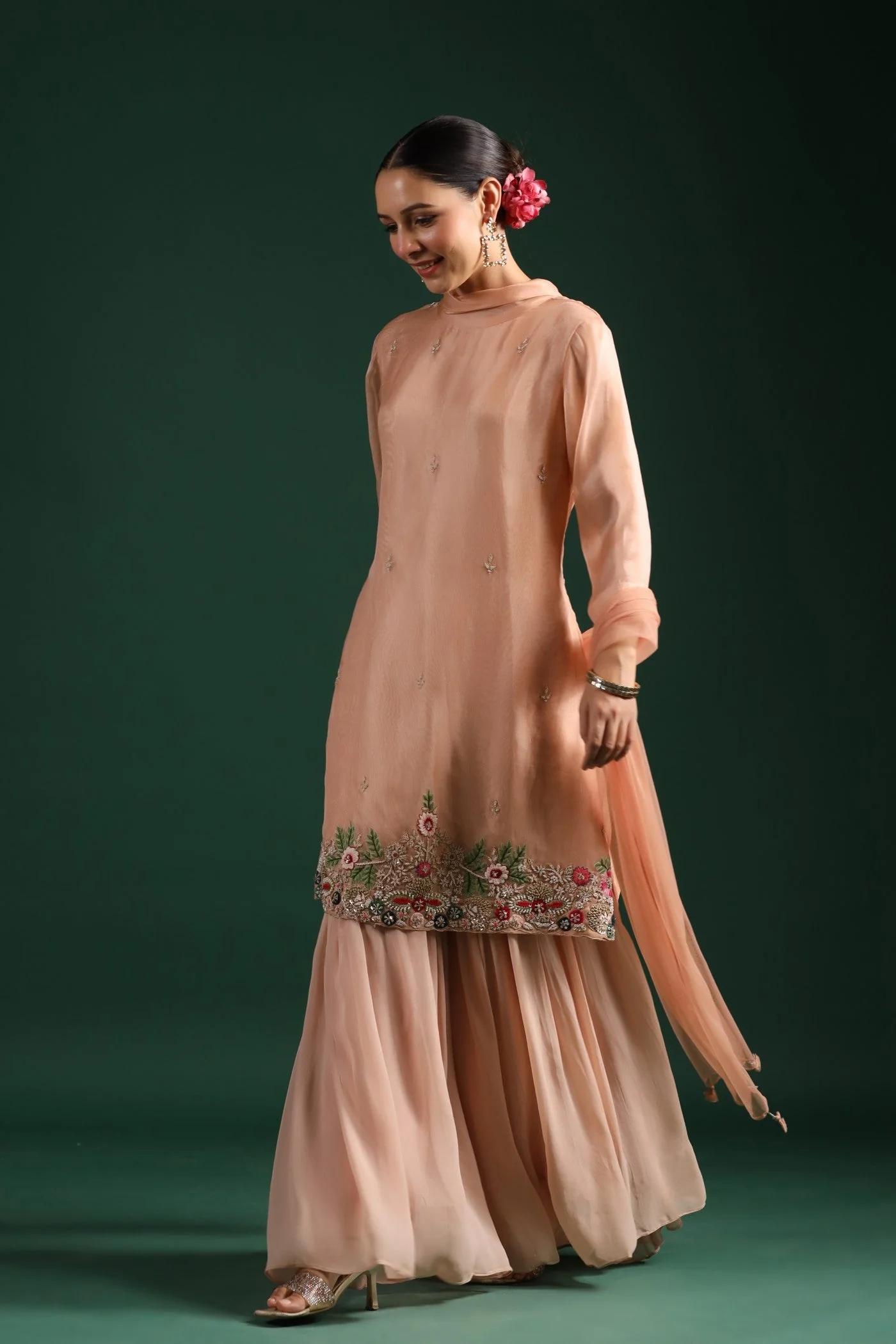 Pastel Peach Embroidered Sharara Set - Image 3