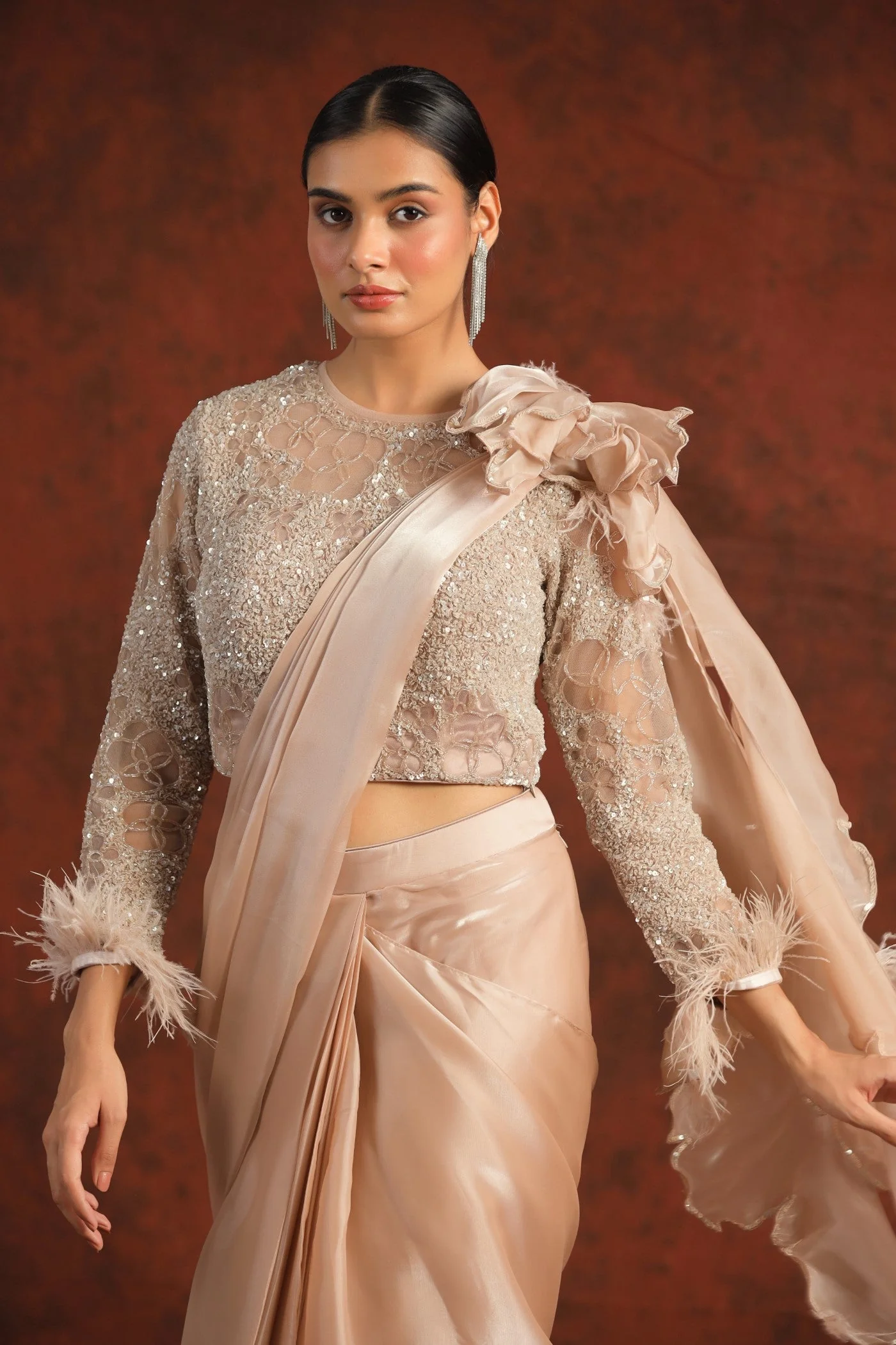 Pastel Peach Sequin Embellished Draped Saree - Image 2