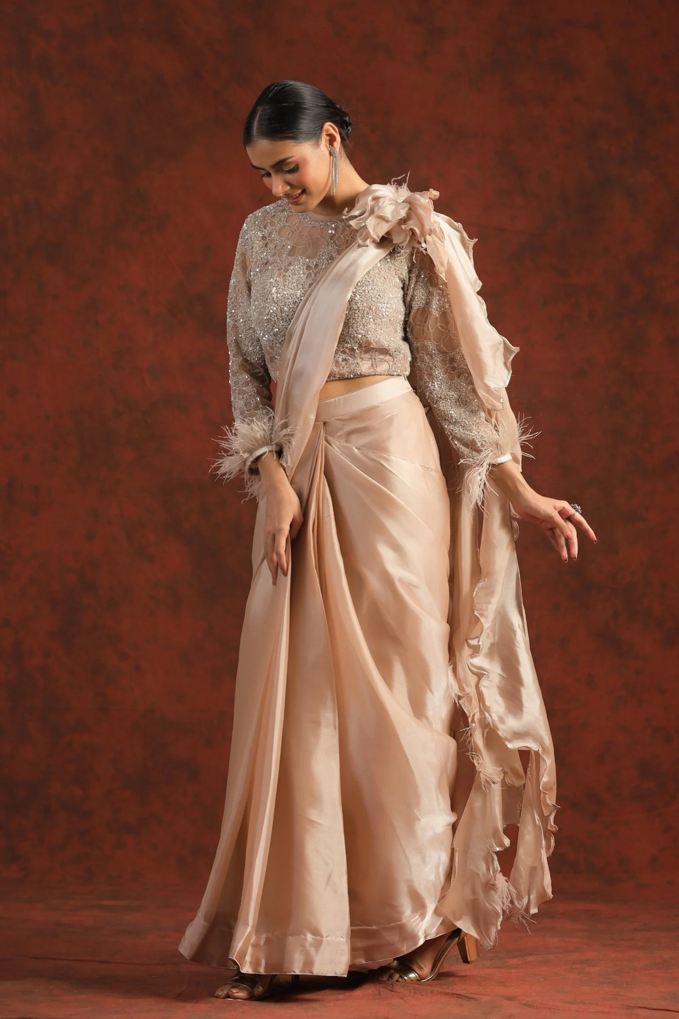 Pastel Peach Sequin Embellished Draped Saree - Image 3