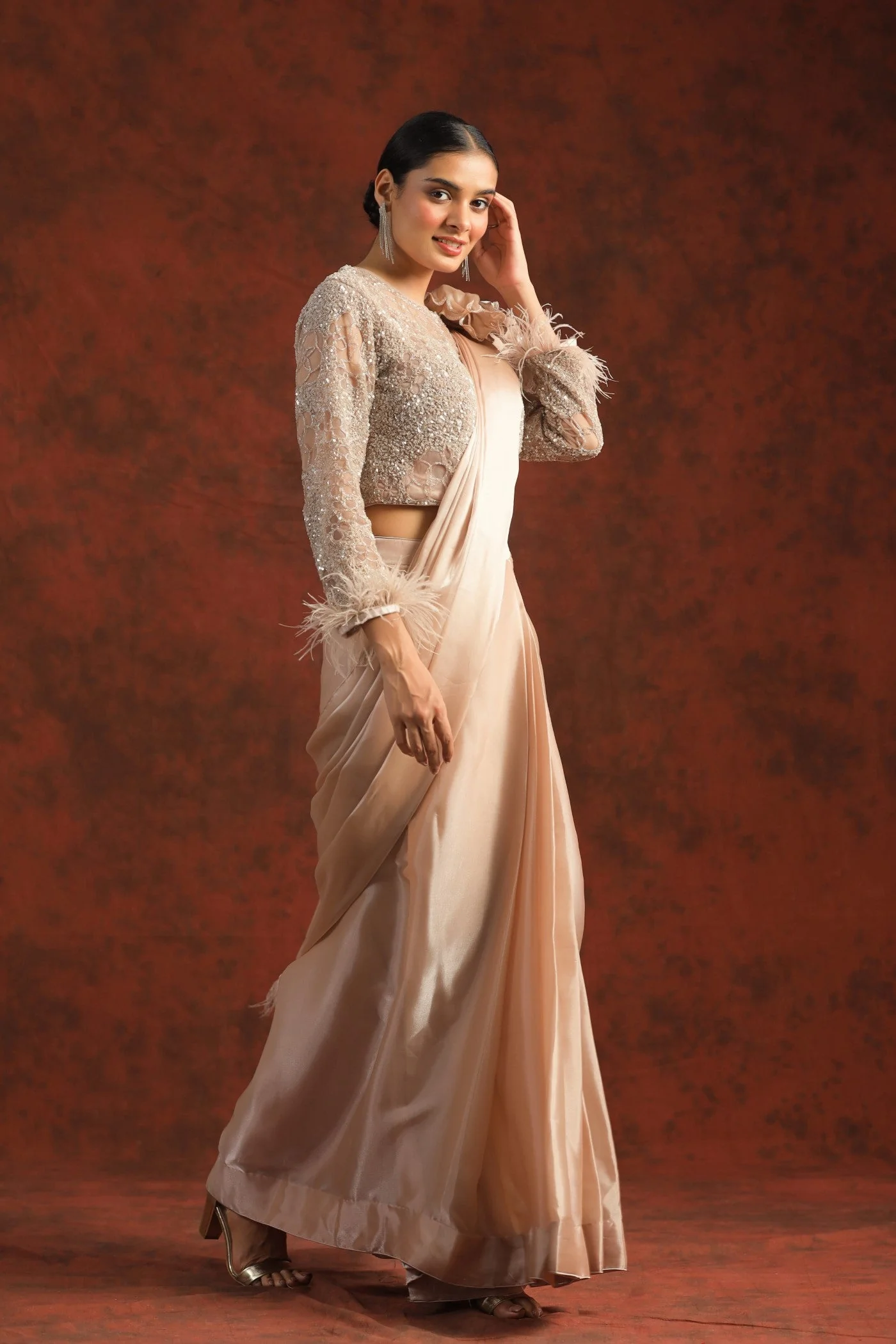 Pastel Peach Sequin Embellished Draped Saree - Image 4