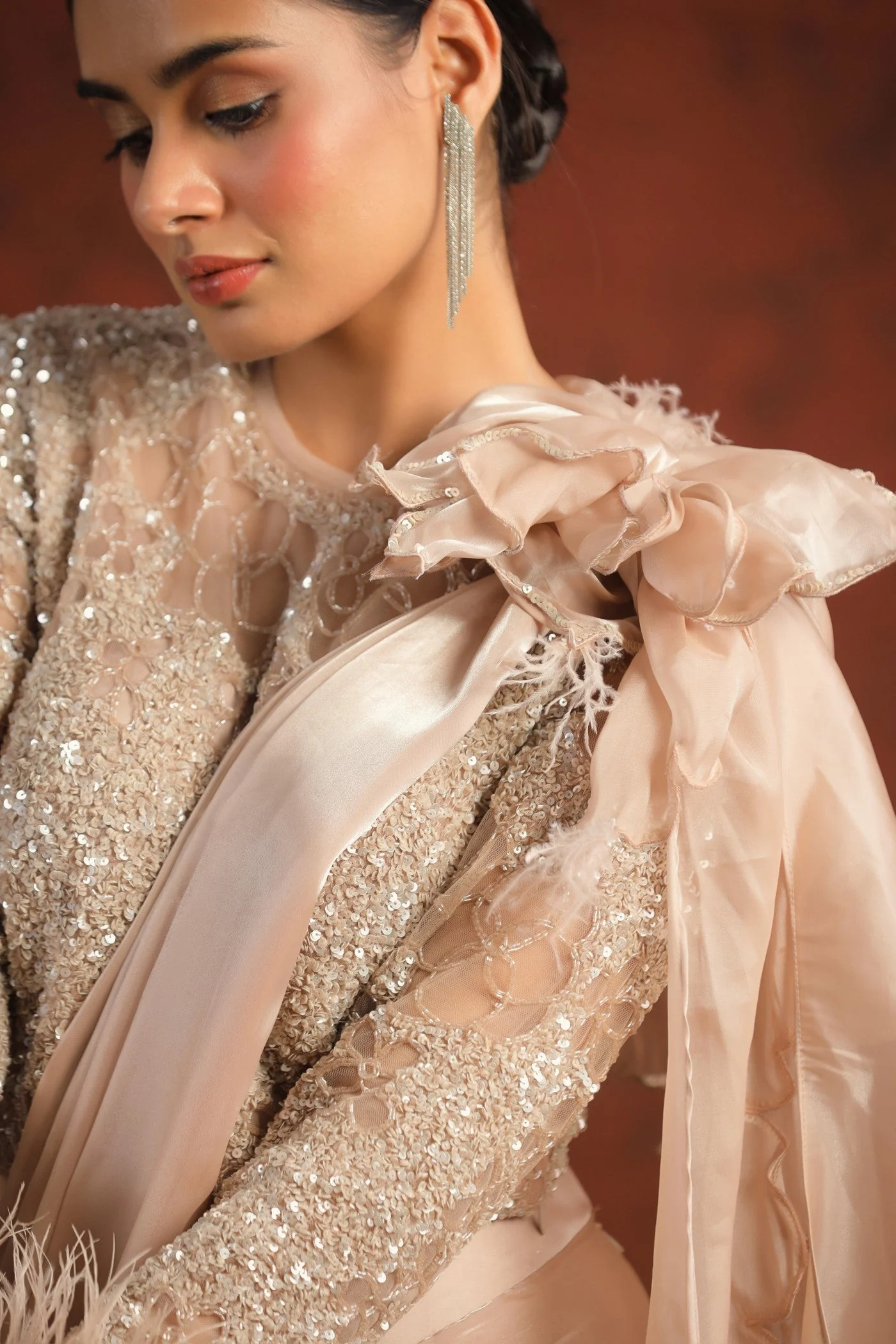 Pastel Peach Sequin Embellished Draped Saree - Image 5