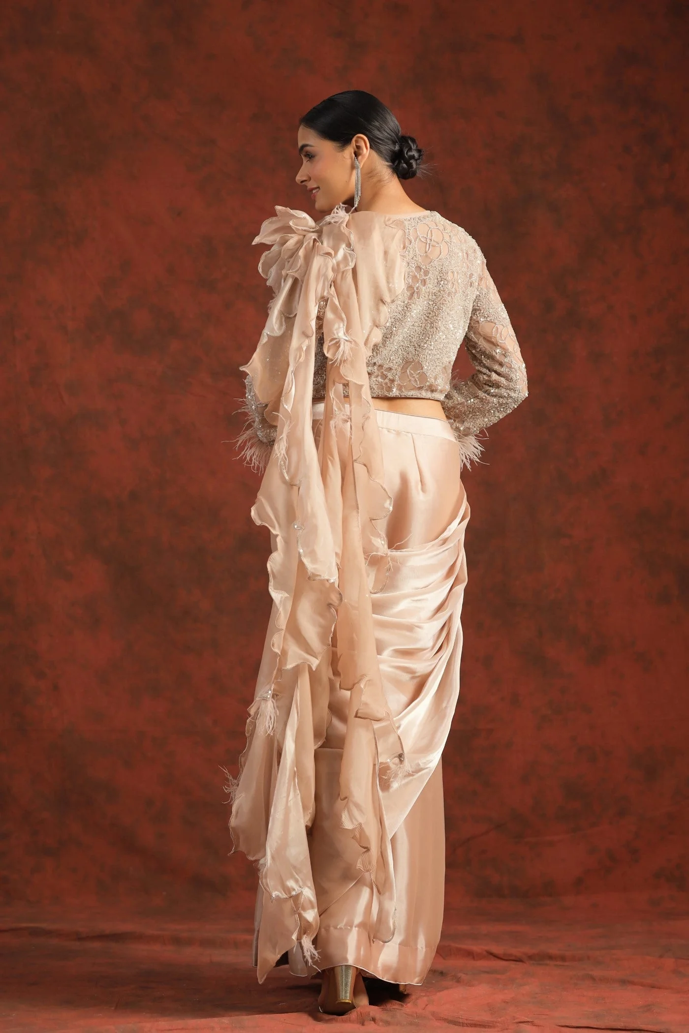 Pastel Peach Sequin Embellished Draped Saree - Image 6