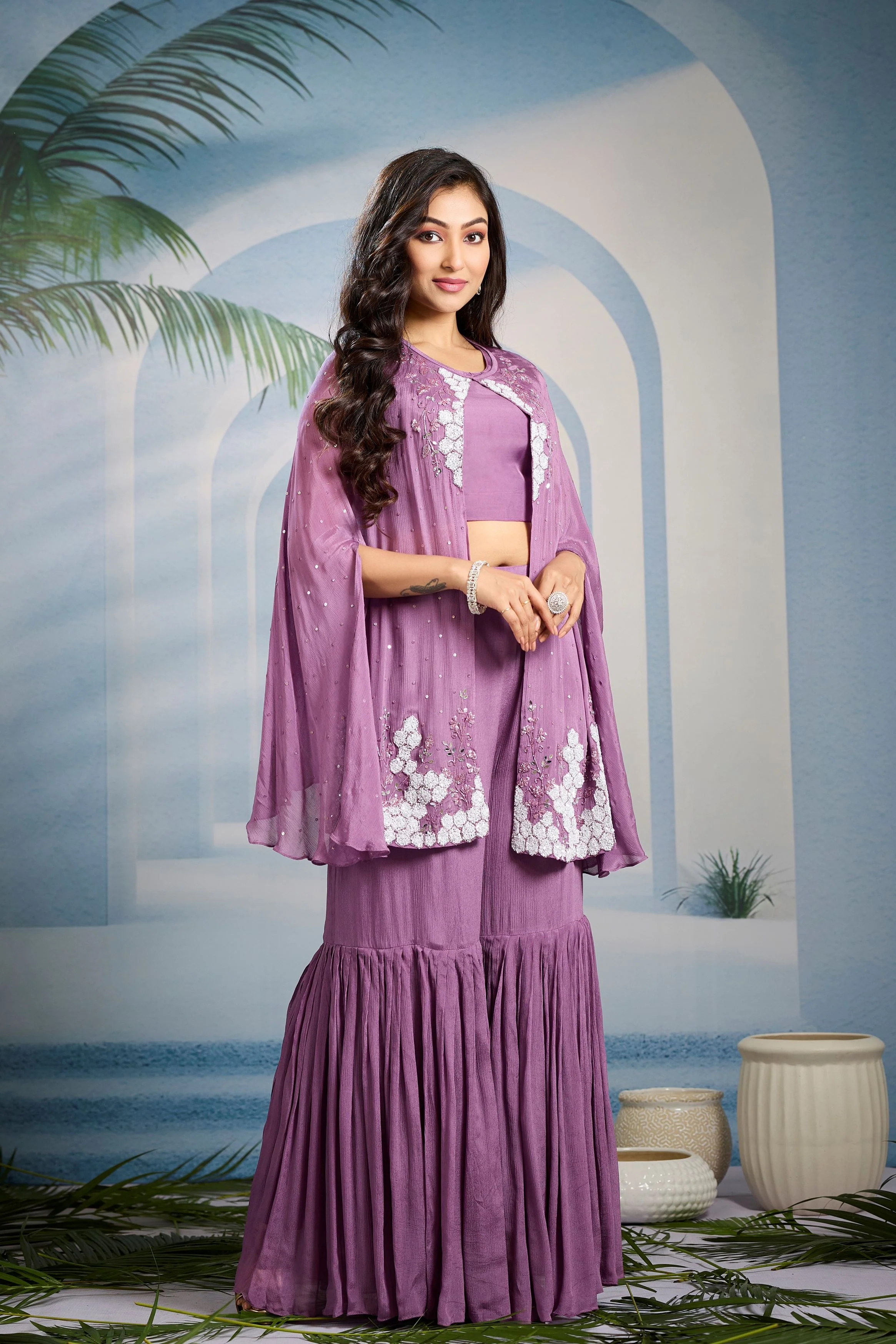 Pastel Purple Embellished Chinon Silk Cape Set - Image 3