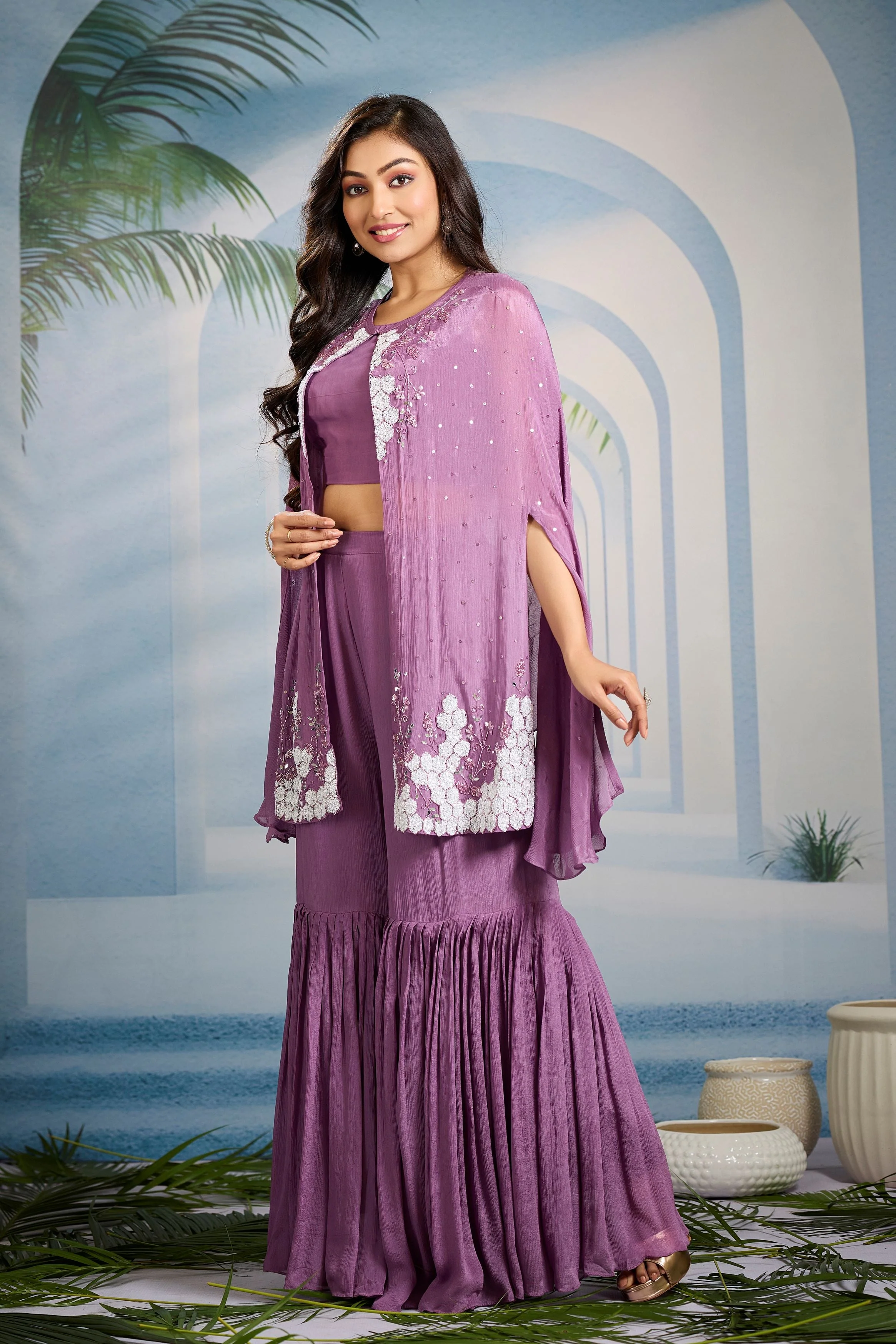 Pastel Purple Embellished Chinon Silk Cape Set - Image 4