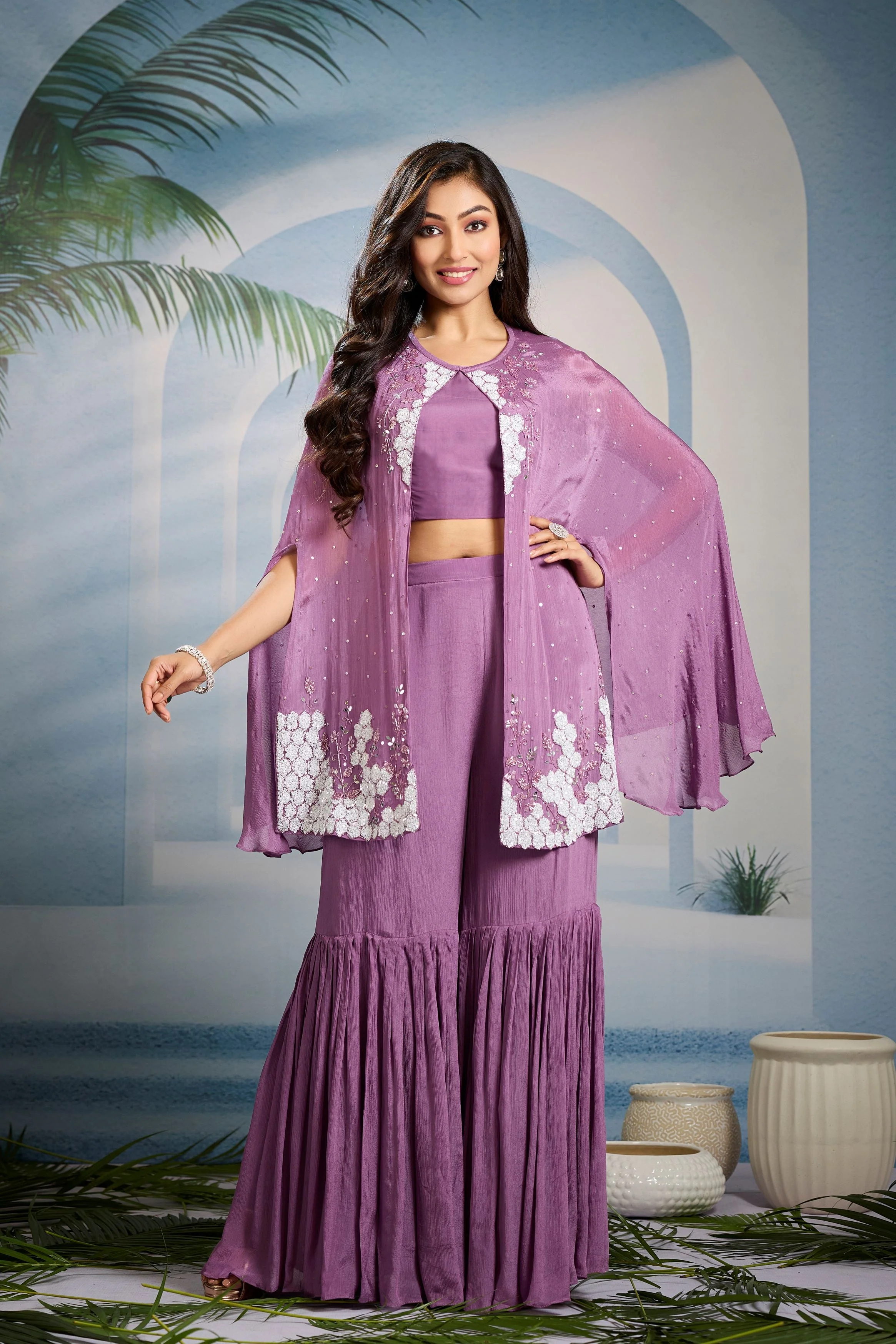 Pastel Purple Embellished Chinon Silk Cape Set - Image 5