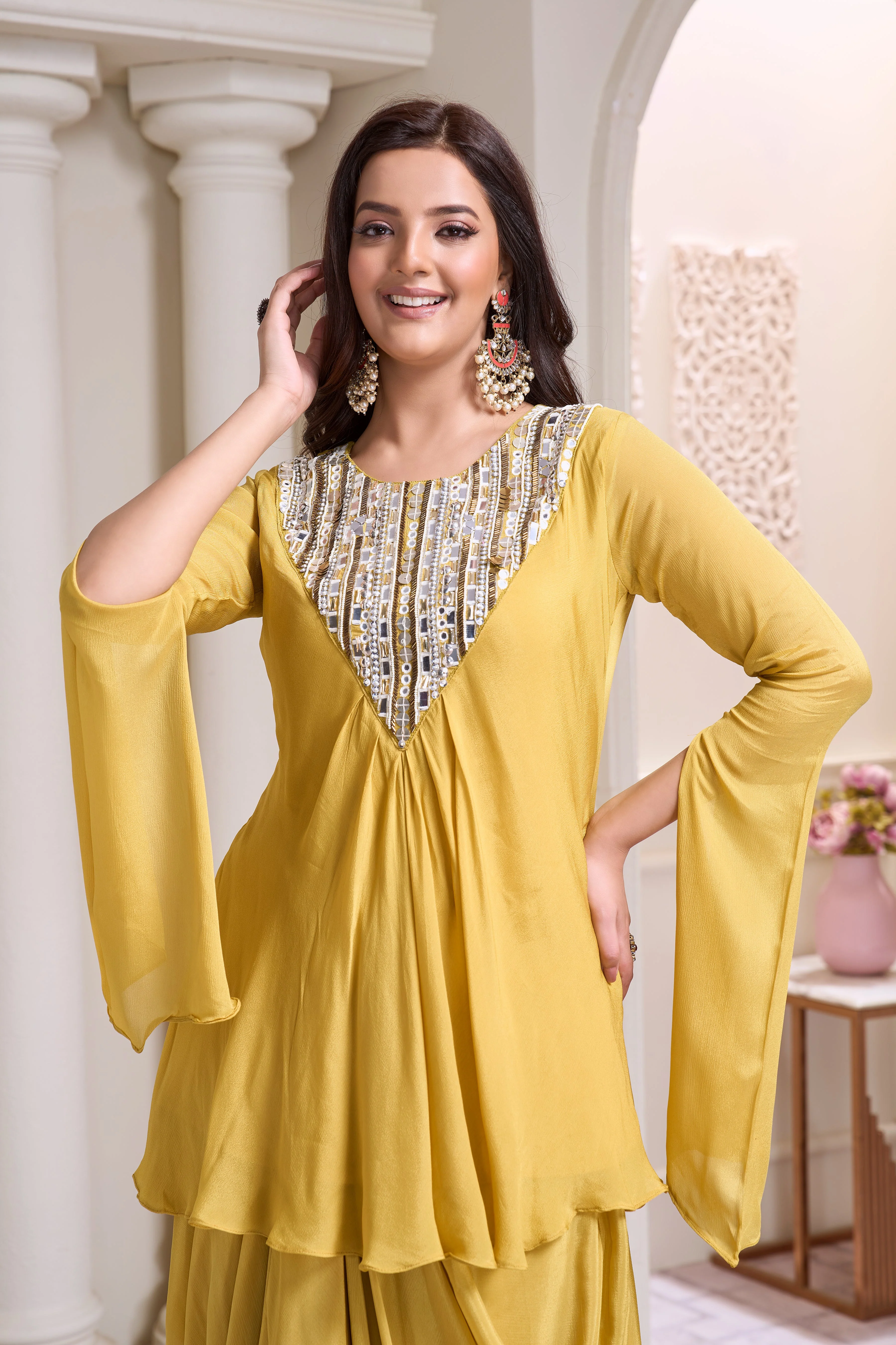 Pastel Yellow Embellished Chinon Silk Drape Skirt Set - Image 2
