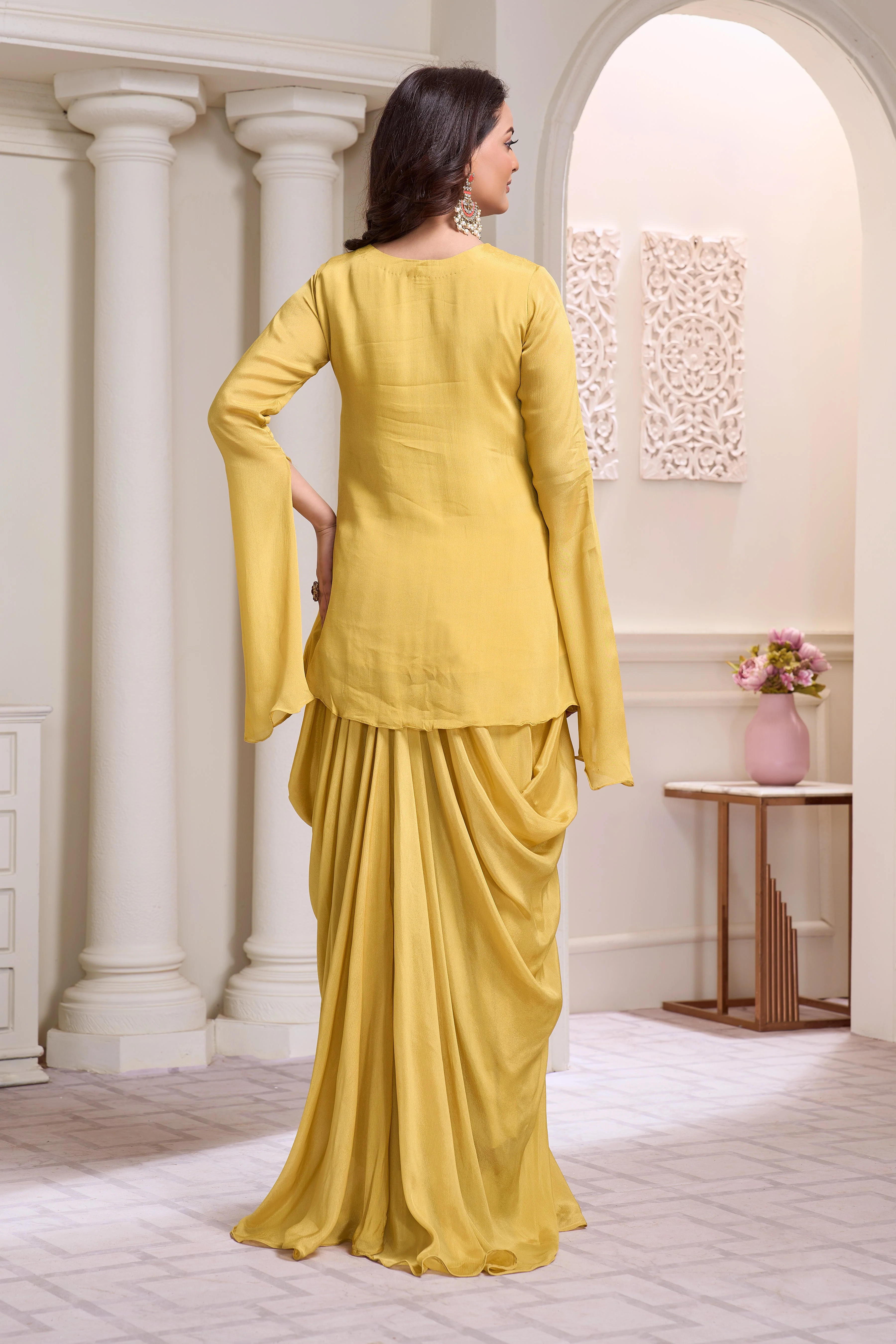 Pastel Yellow Embellished Chinon Silk Drape Skirt Set - Image 3