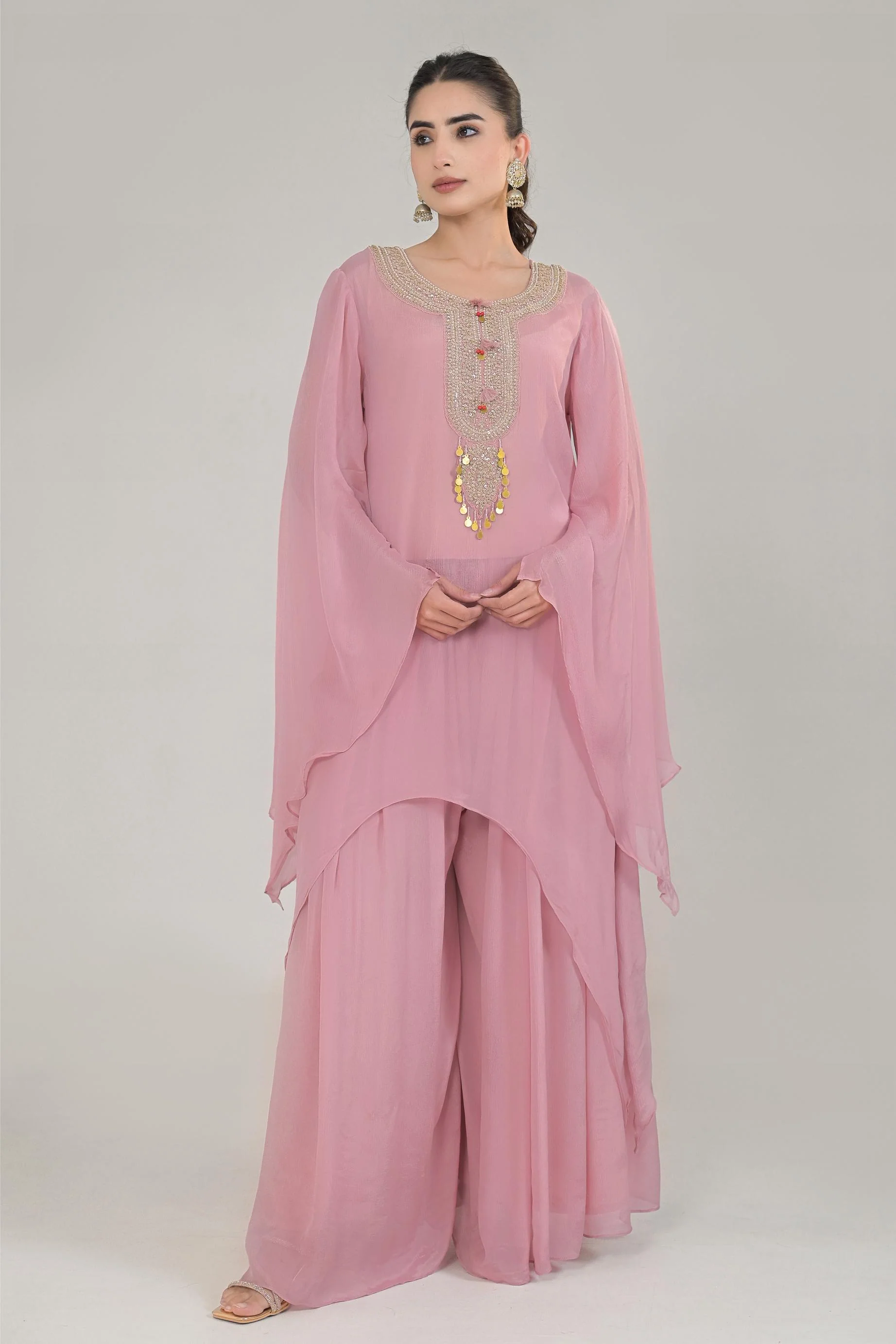 Pastel Pink Embellished Chinon Silk Palazzo Set