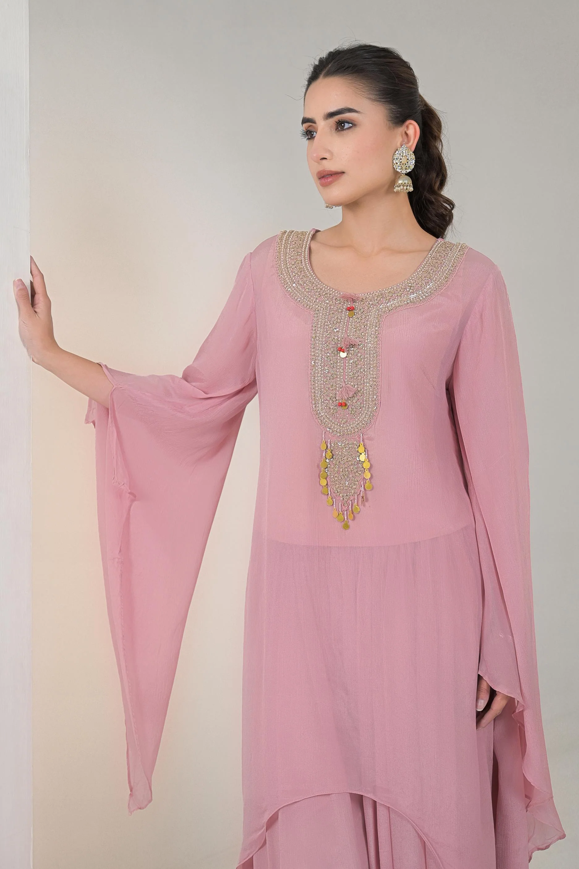 Pastel Pink Embellished Chinon Silk Palazzo Set - Image 2