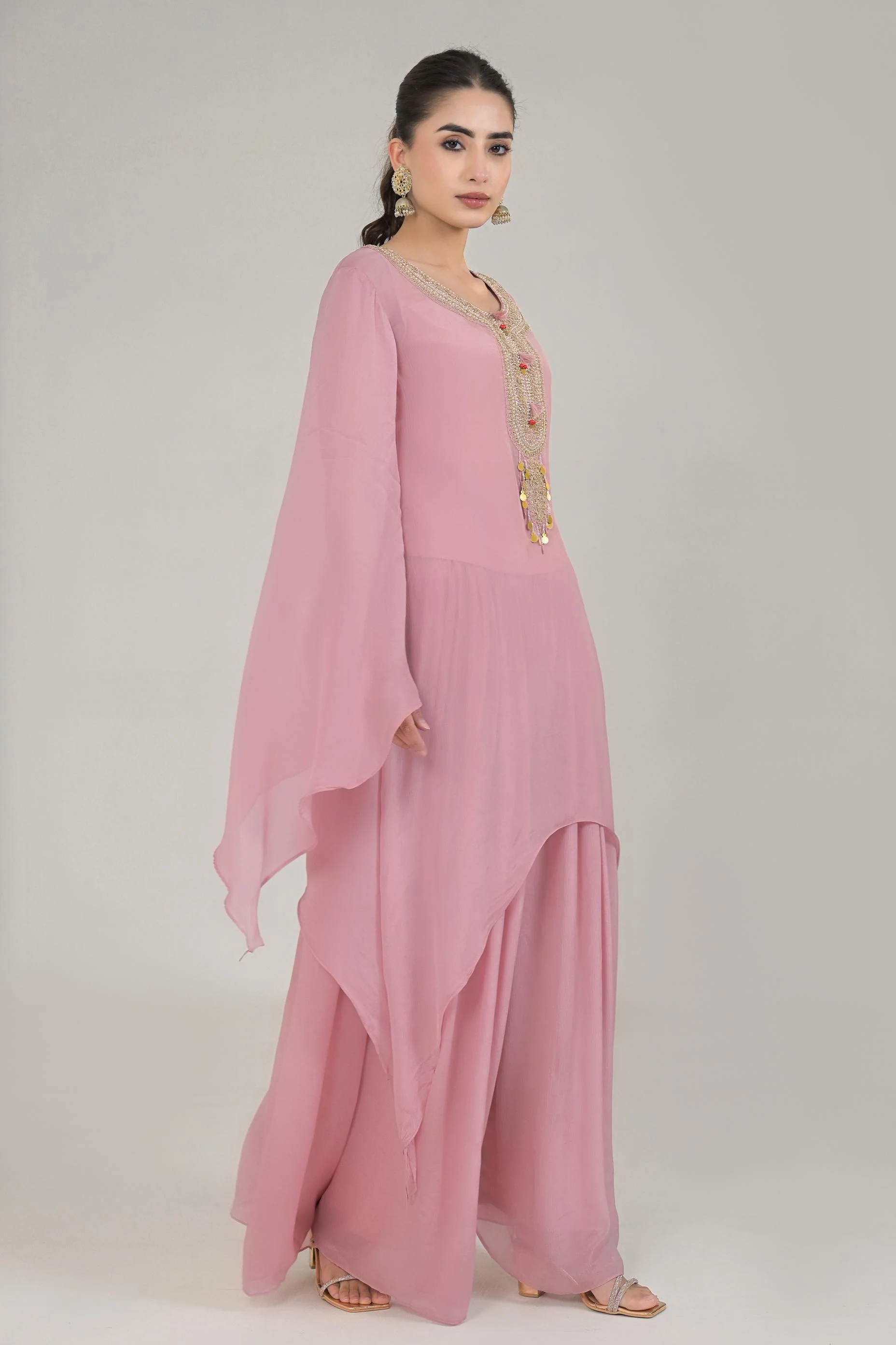 Pastel Pink Embellished Chinon Silk Palazzo Set - Image 3
