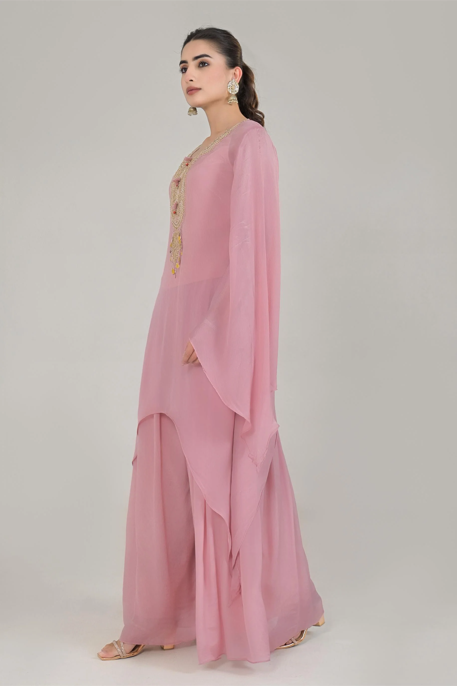 Pastel Pink Embellished Chinon Silk Palazzo Set - Image 4