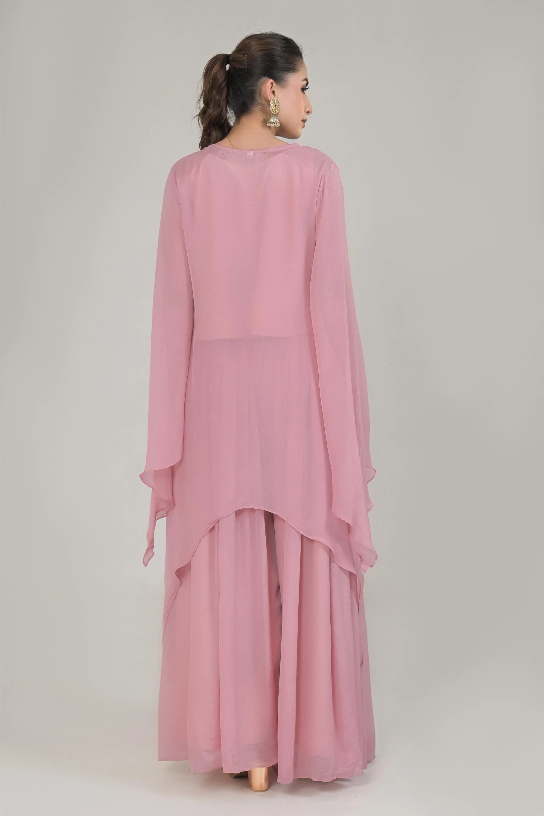 Pastel Pink Embellished Chinon Silk Palazzo Set - Image 5