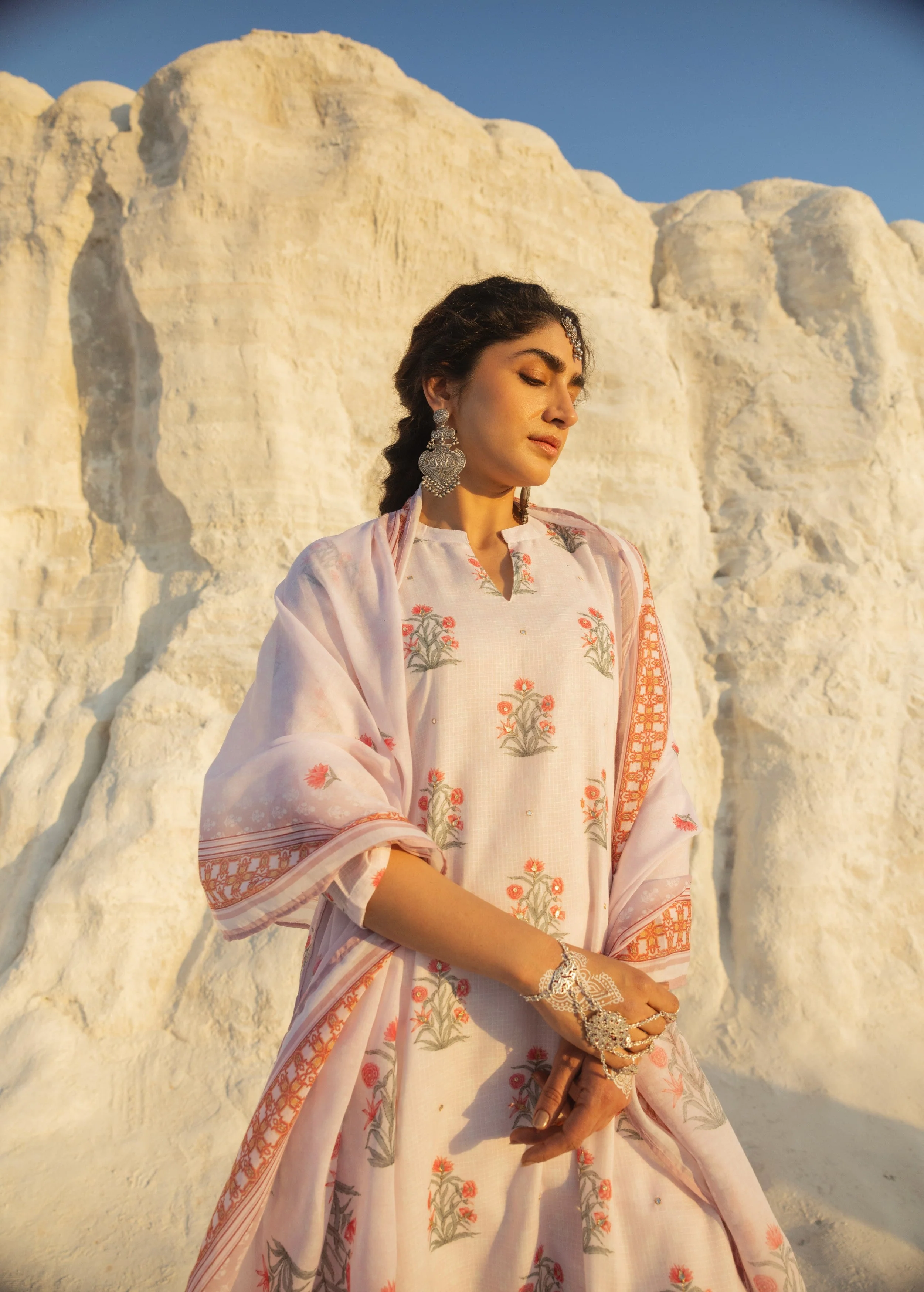 Pastel Pink Embellished Kota Doria Pant Set - Image 2