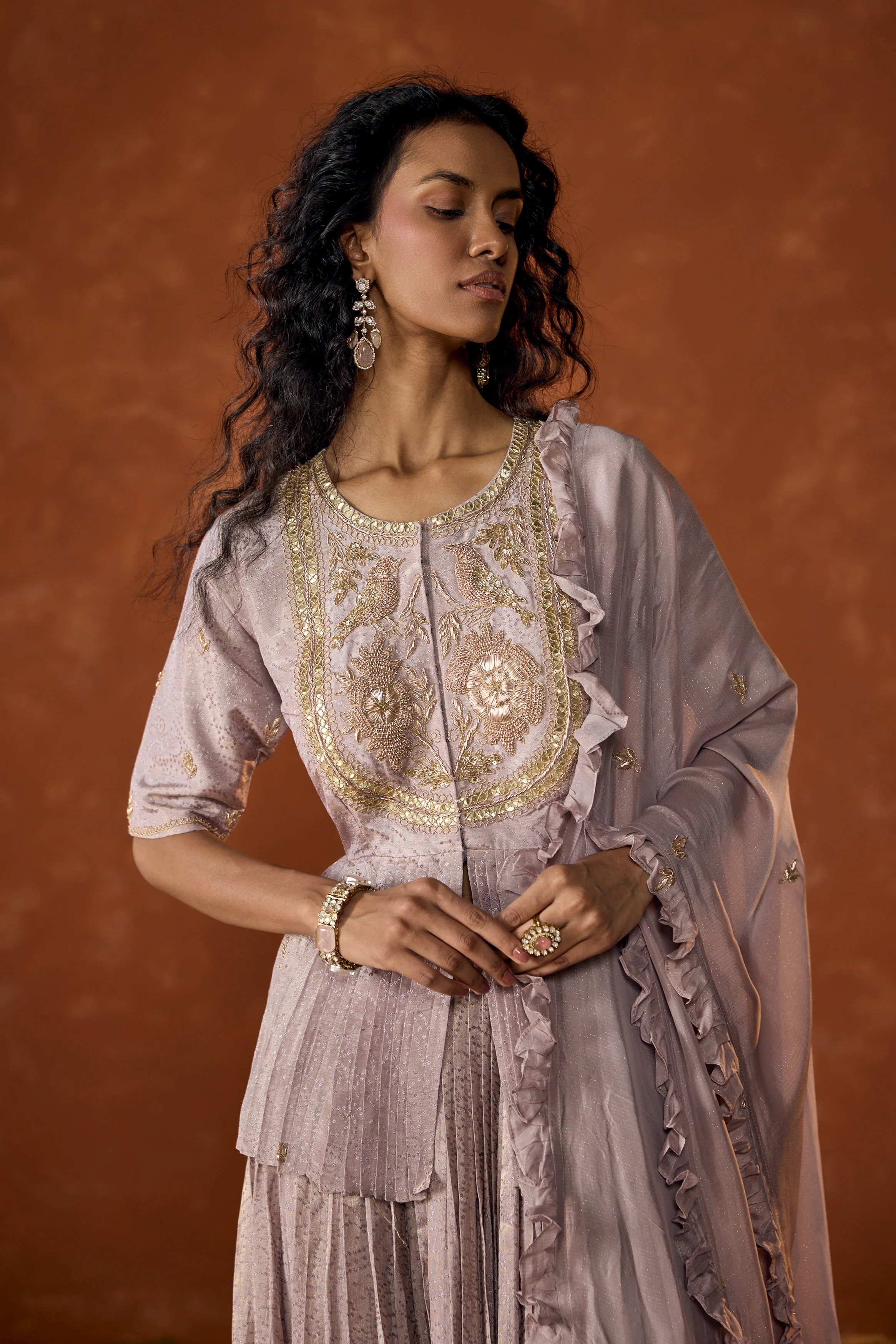 Lilac Pink Embellished Shimmer Tissue Silk Skirt Set - Image 3