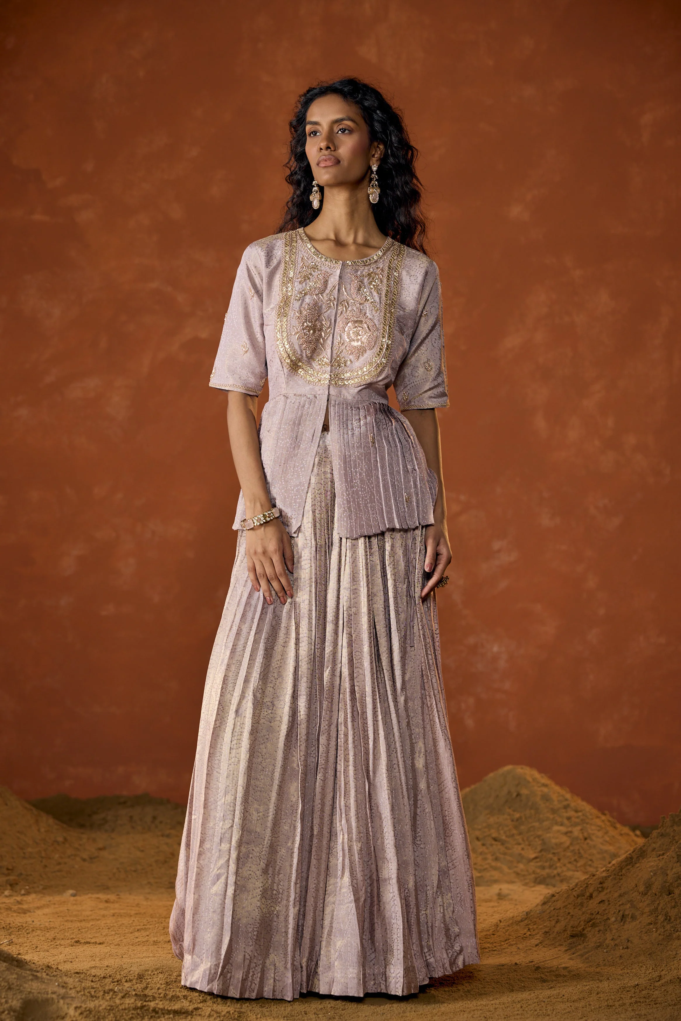 Lilac Pink Embellished Shimmer Tissue Silk Skirt Set - Image 4