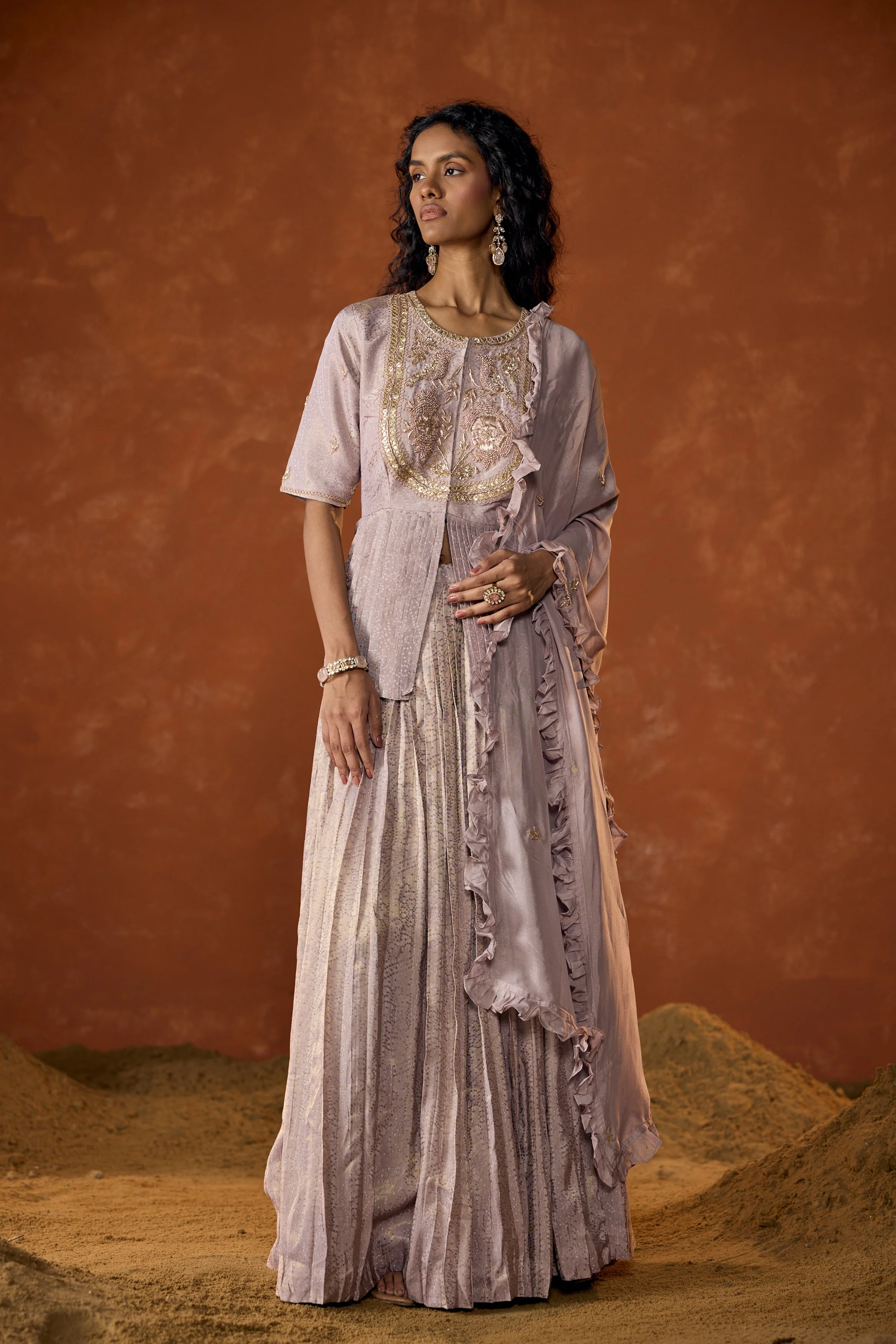 Lilac Pink Embellished Shimmer Tissue Silk Skirt Set - Image 5