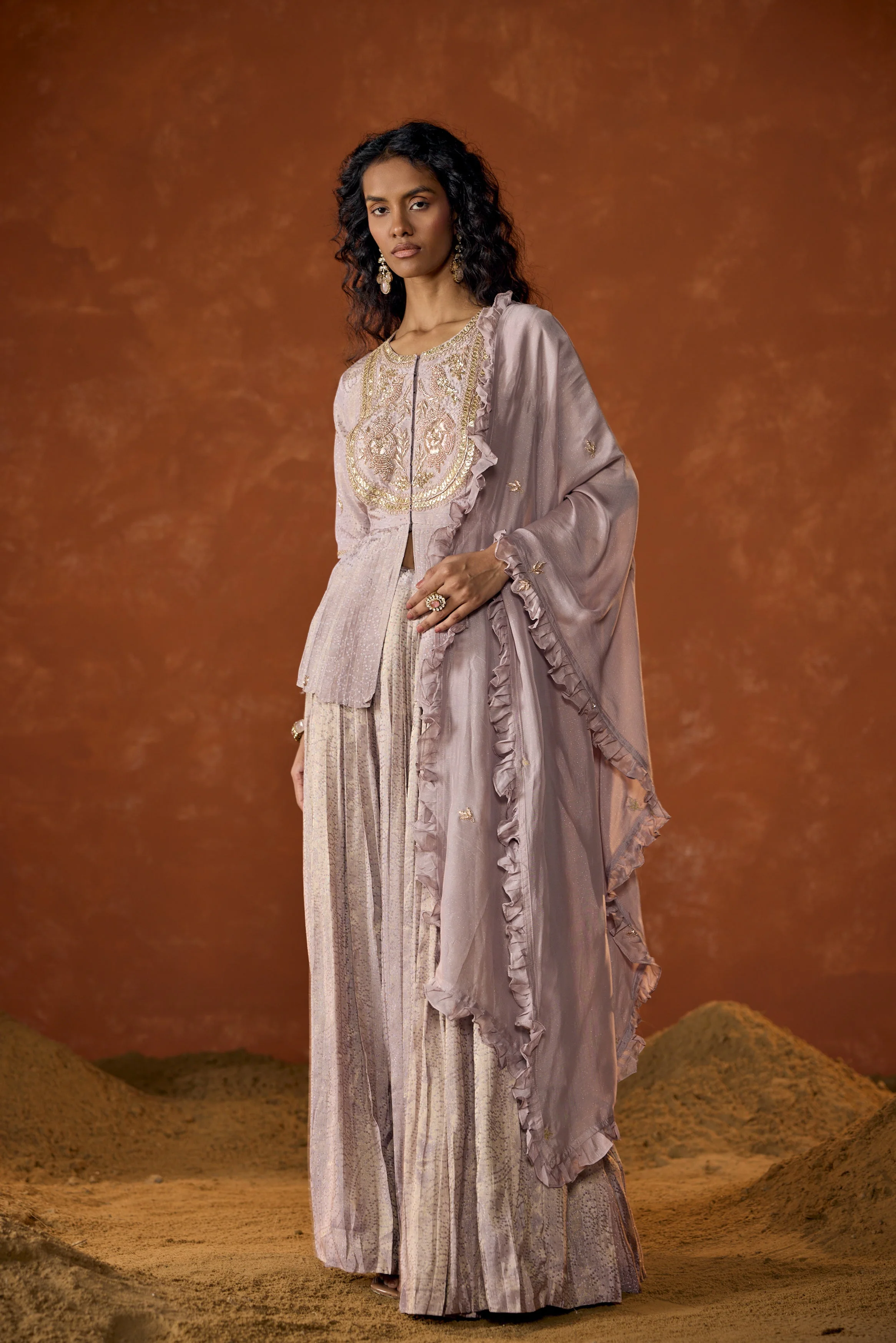 Lilac Pink Embellished Shimmer Tissue Silk Skirt Set - Image 6