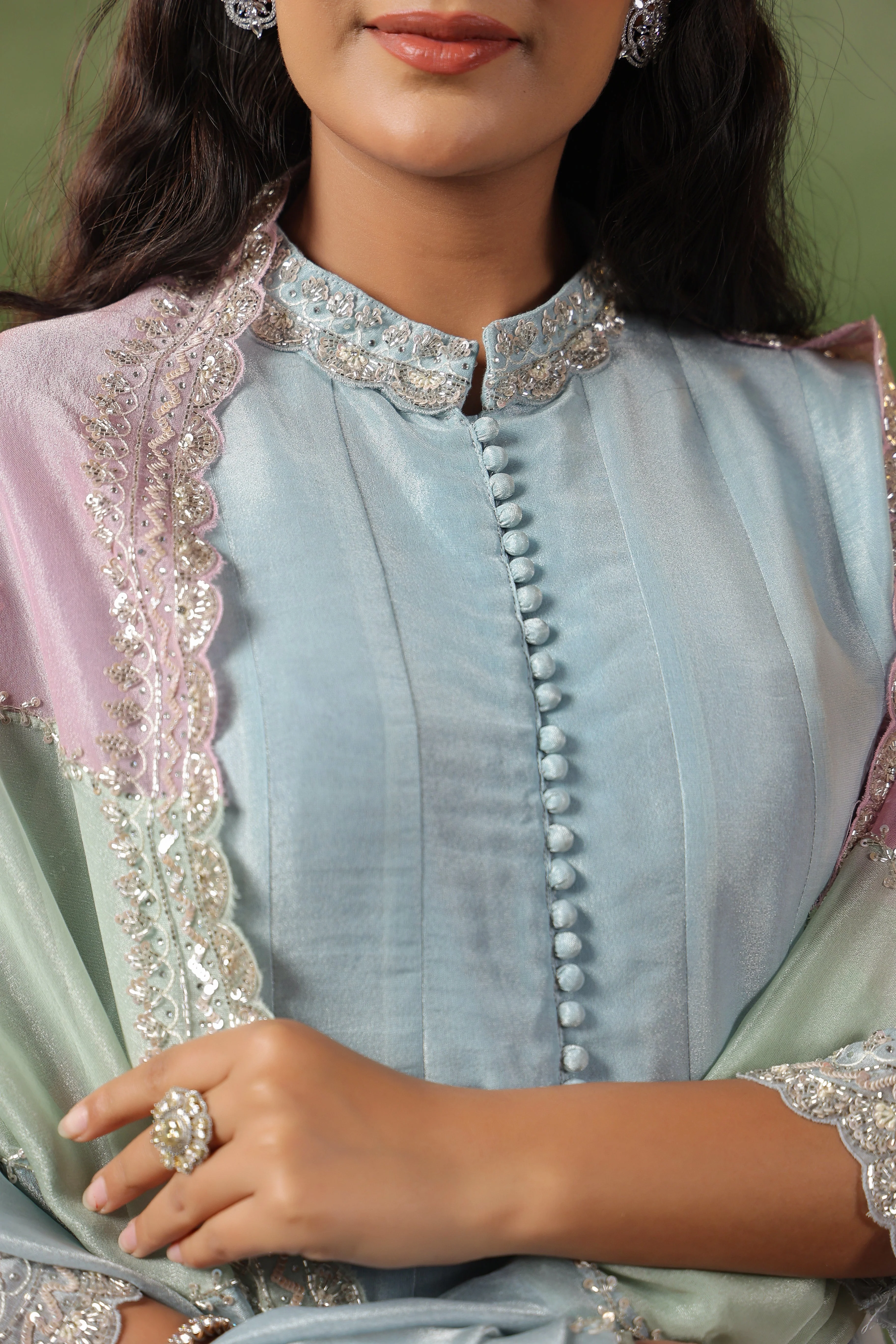 Sky Blue Embellished Tissue Silk Pant Set - Image 2