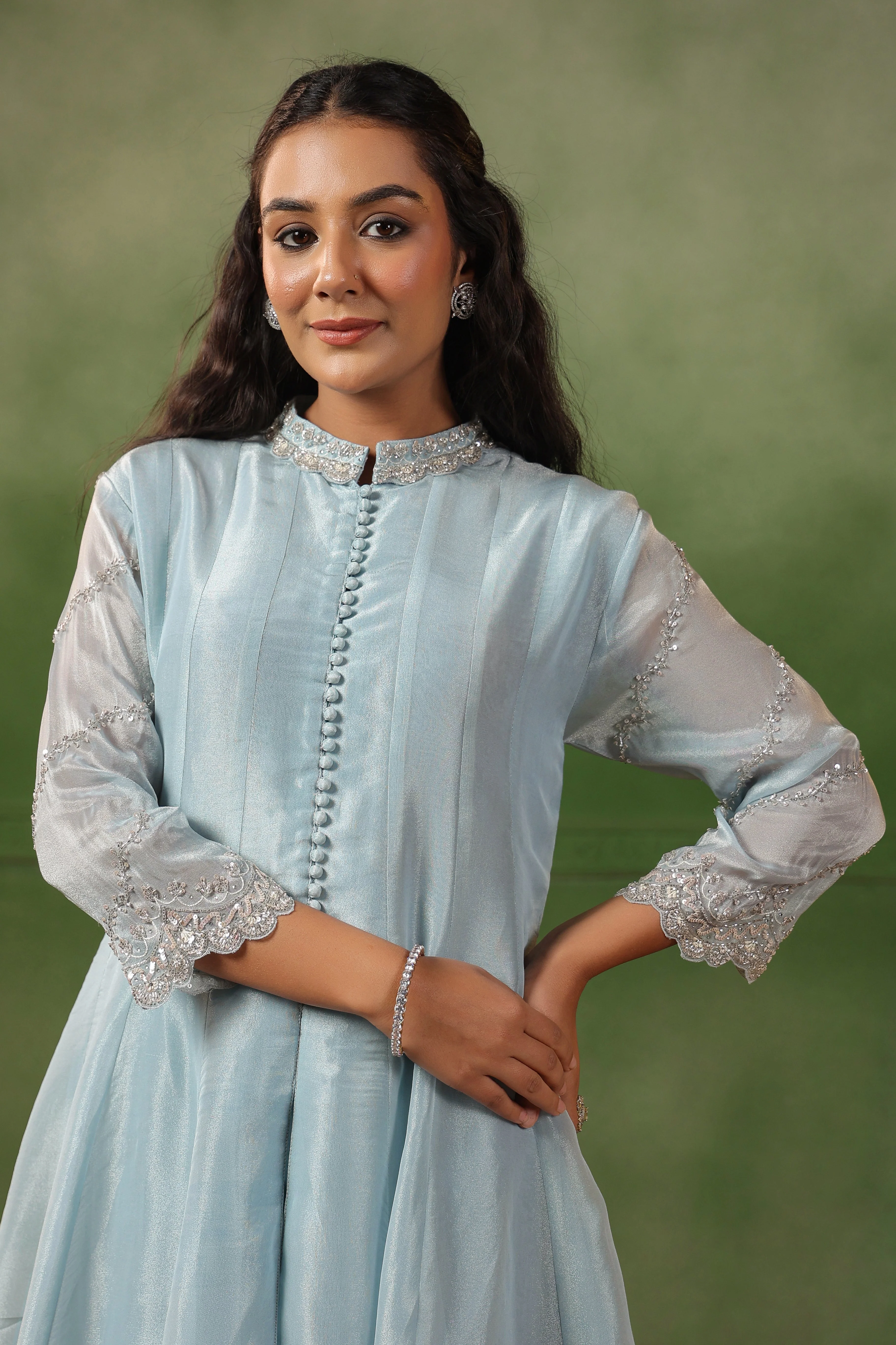 Sky Blue Embellished Tissue Silk Pant Set - Image 3