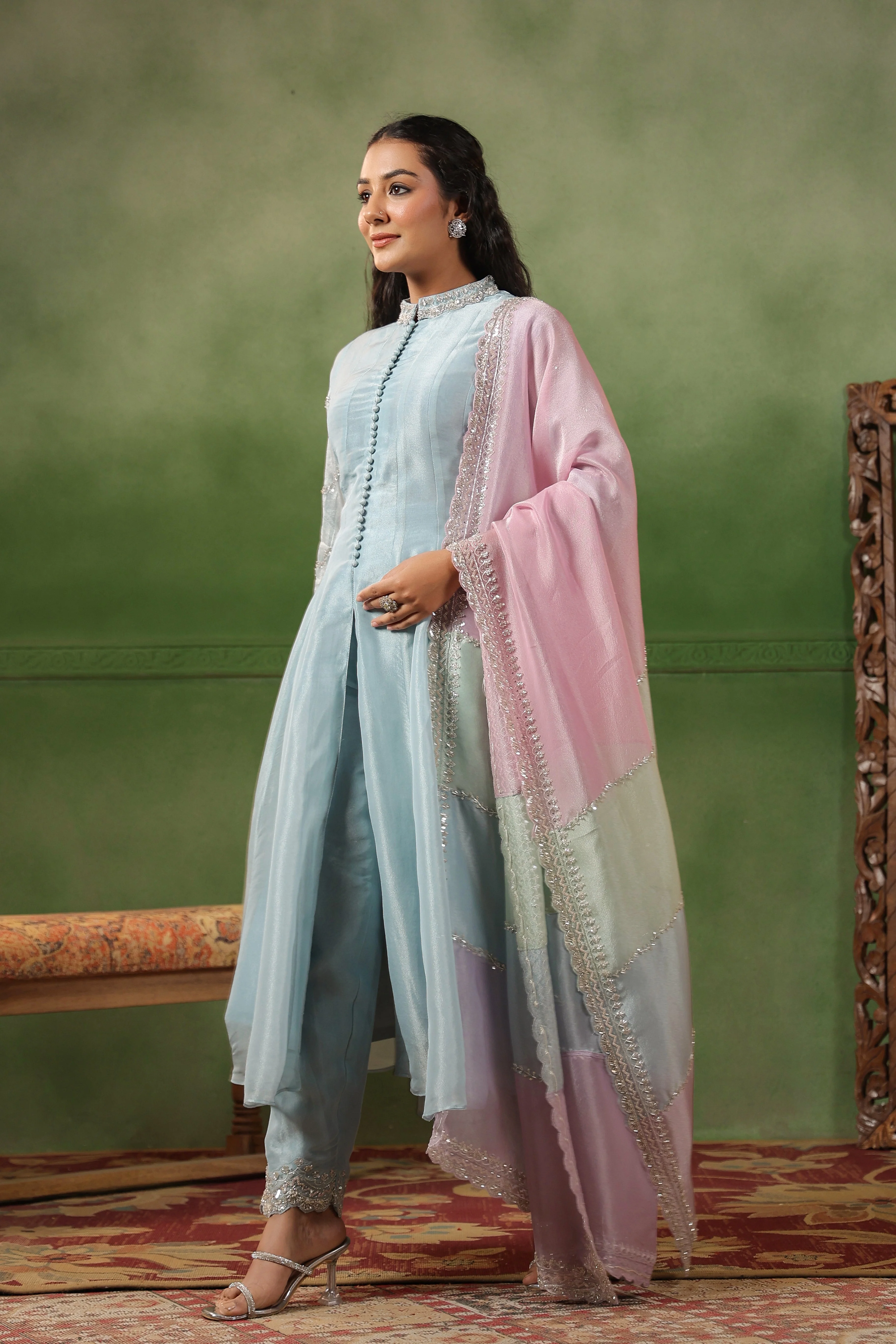 Sky Blue Embellished Tissue Silk Pant Set - Image 5