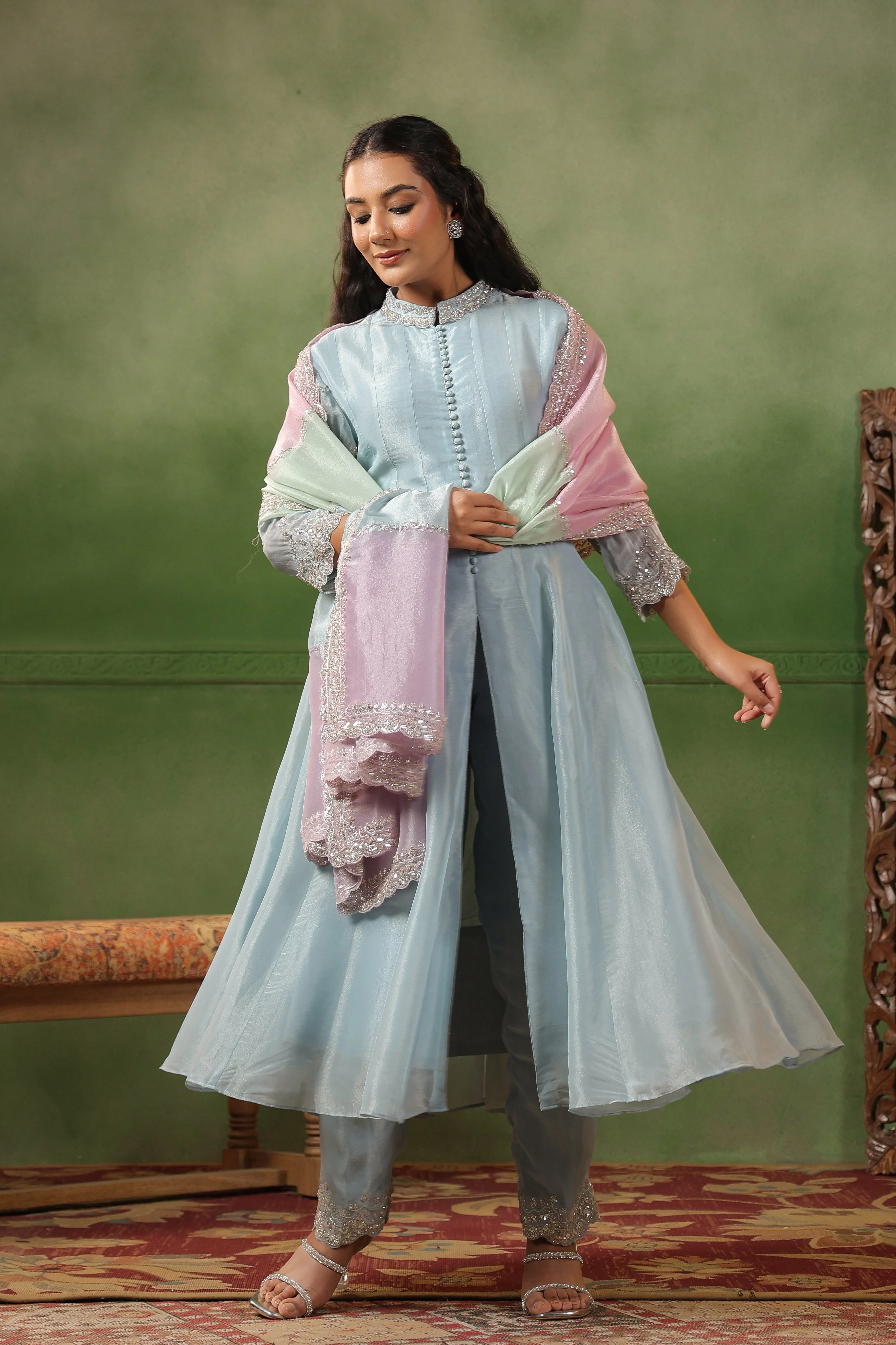 Sky Blue Embellished Tissue Silk Pant Set - Image 6