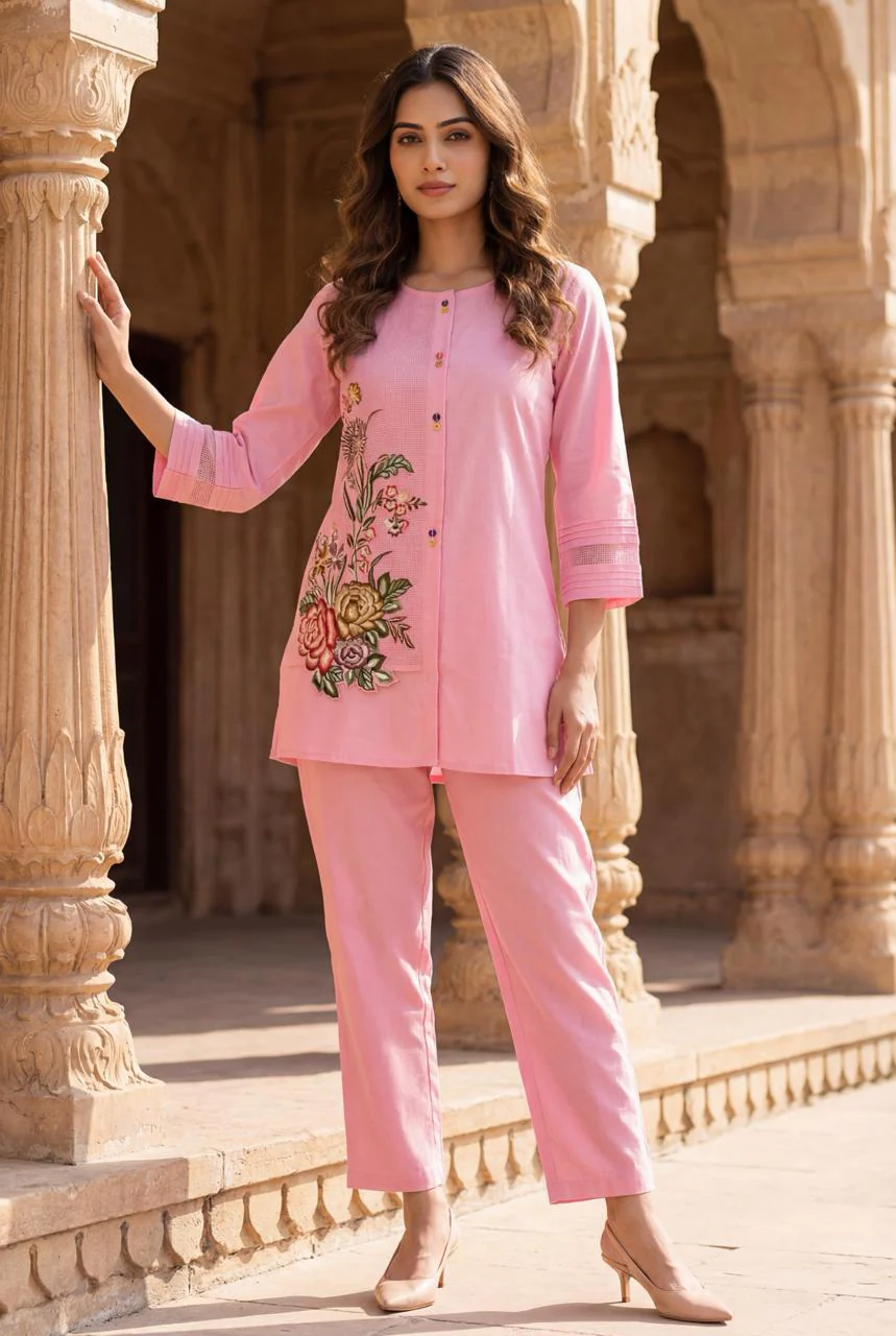 Pastel Pink Embroidered Cotton Co-Ord Set