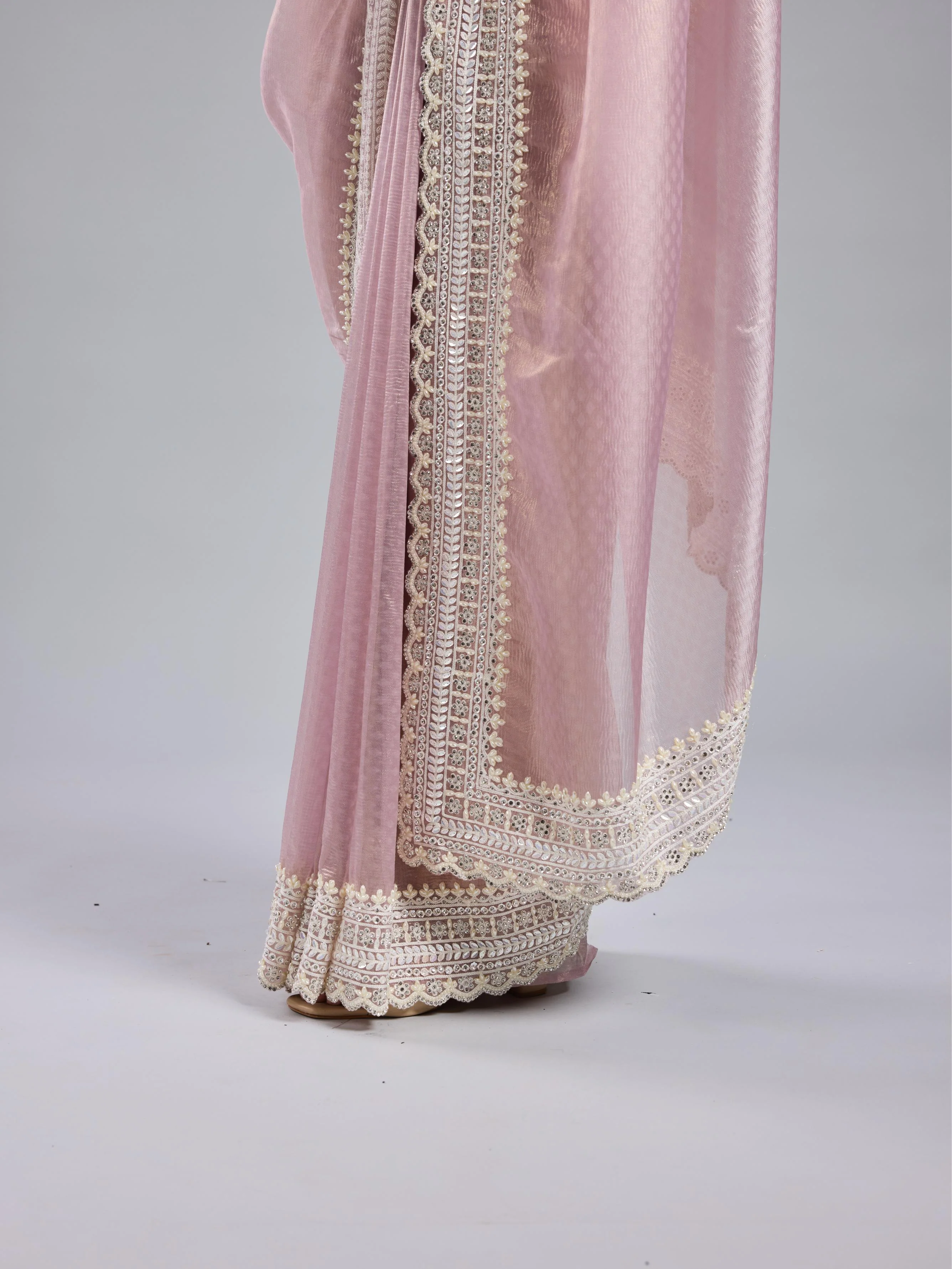 Pastel Pink Embroidered Shimmer Silk Saree - Image 10