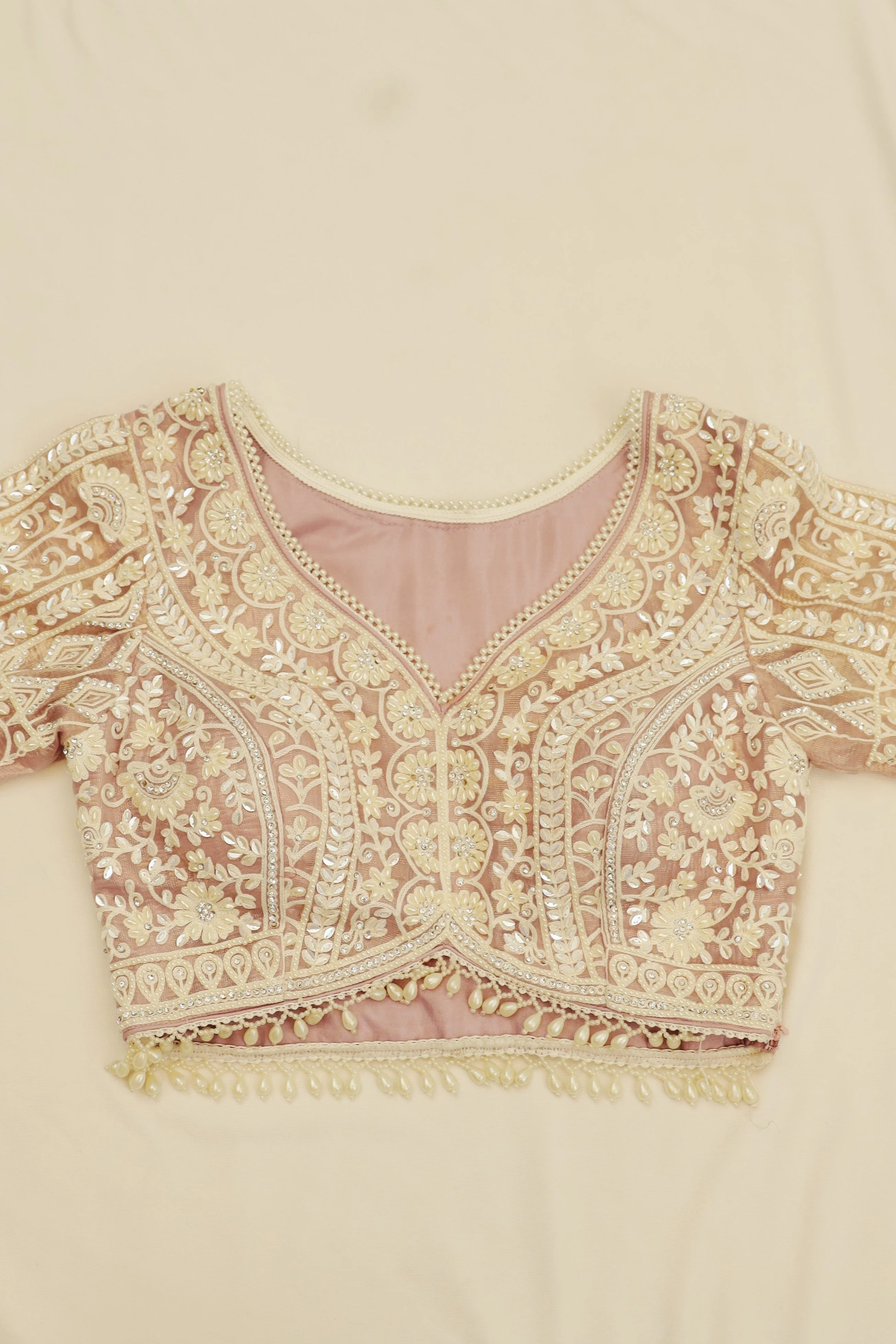 Pastel Pink Embroidered Shimmer Silk Saree - Image 11